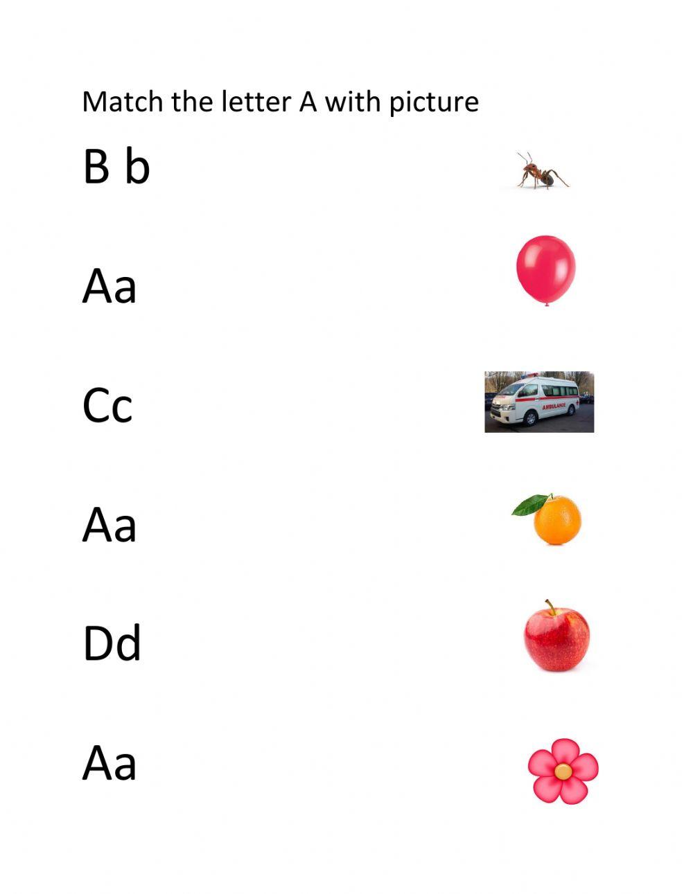 Match the letter Aa with picture