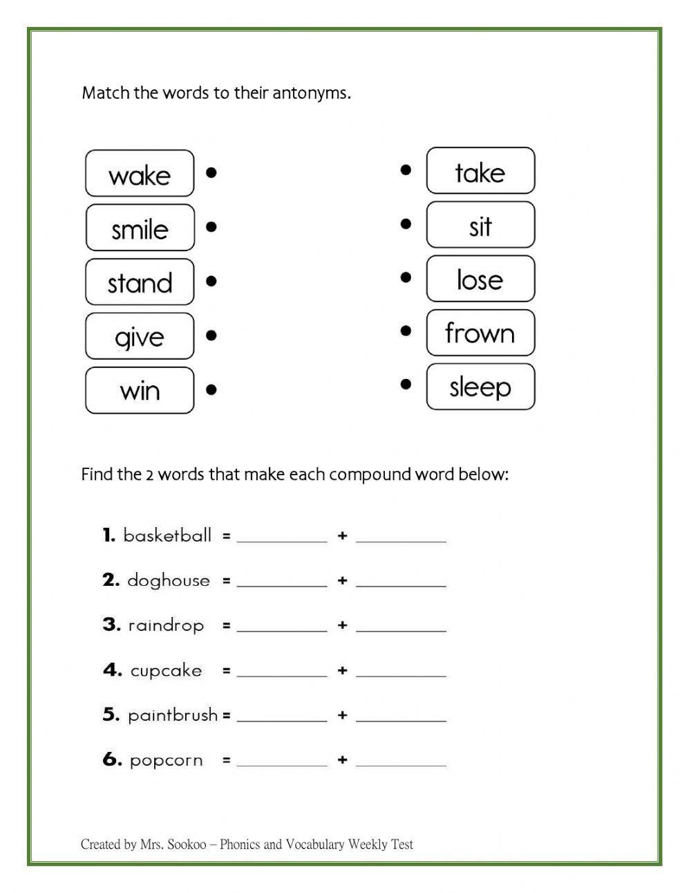 Phonics and Vocabulary Jan 22nd Test