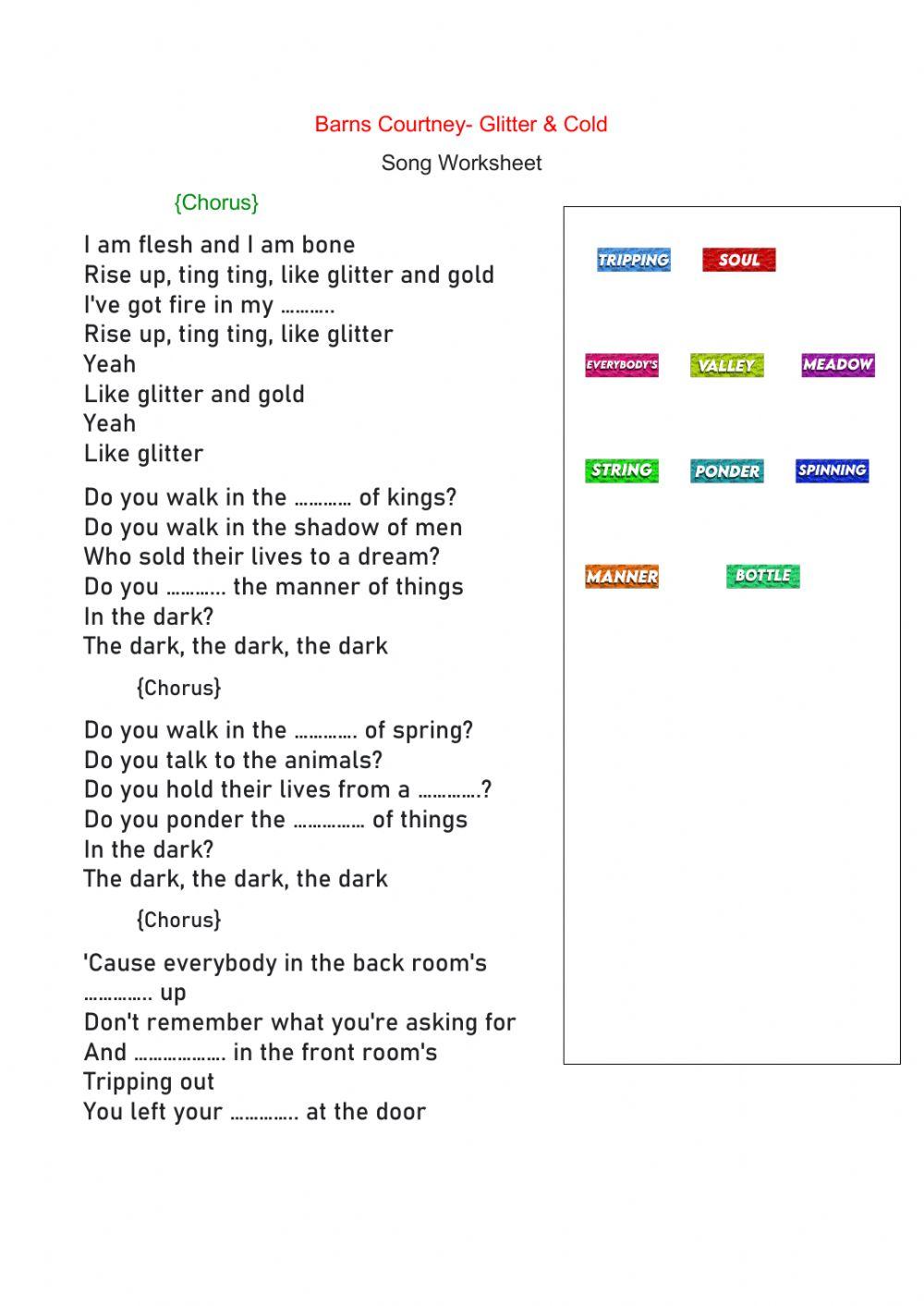 Glitter and Gold - Barns Courtney Song Worksheet