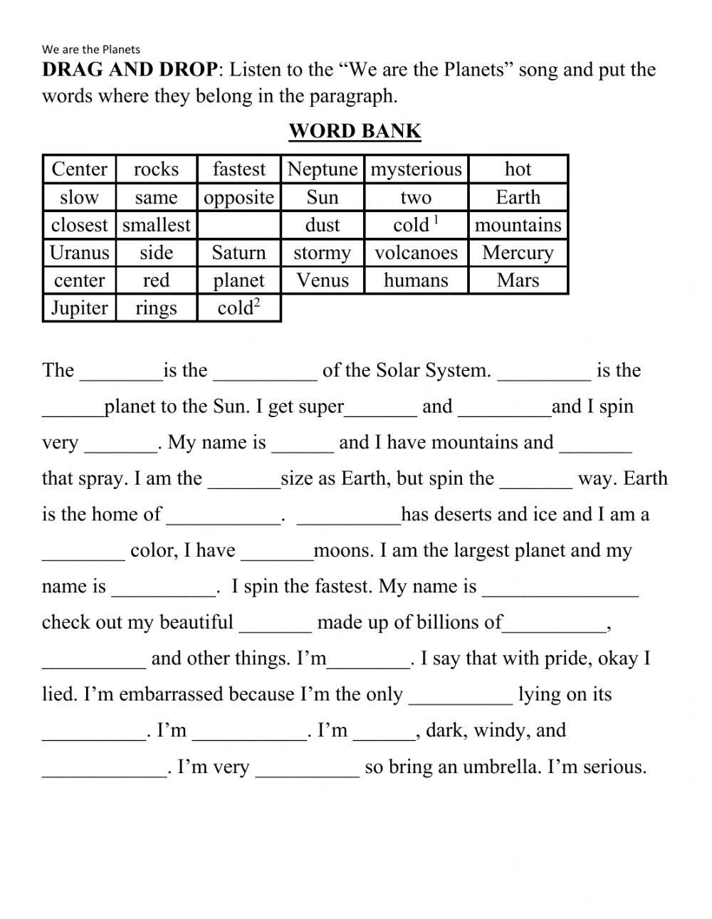 We are the Planets worksheet