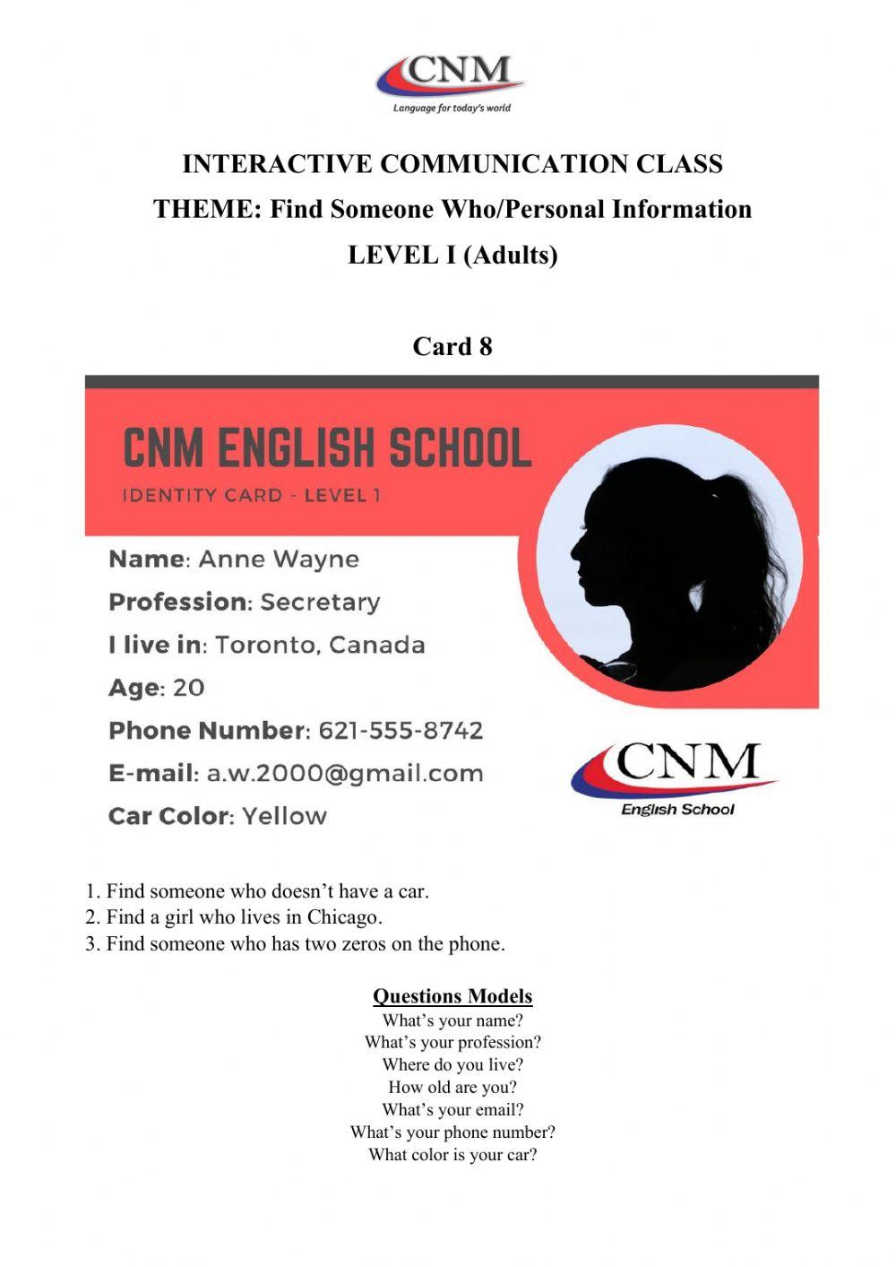 Find someone who - Personal Information - Level I Adults - Card 8