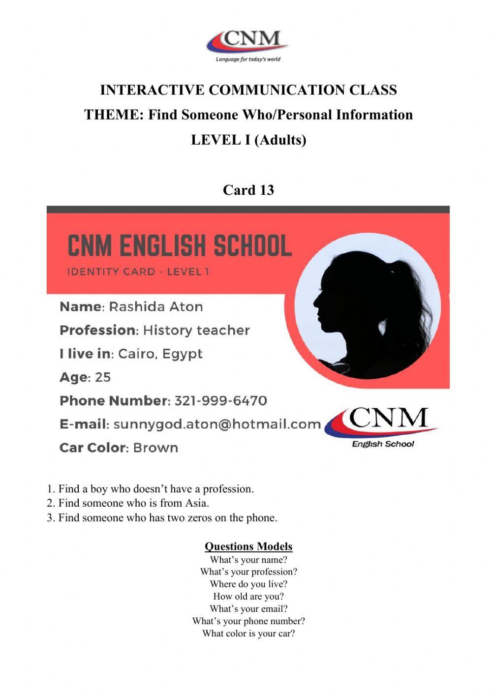 Find someone who - Personal Information - Level I Adults - Card 13