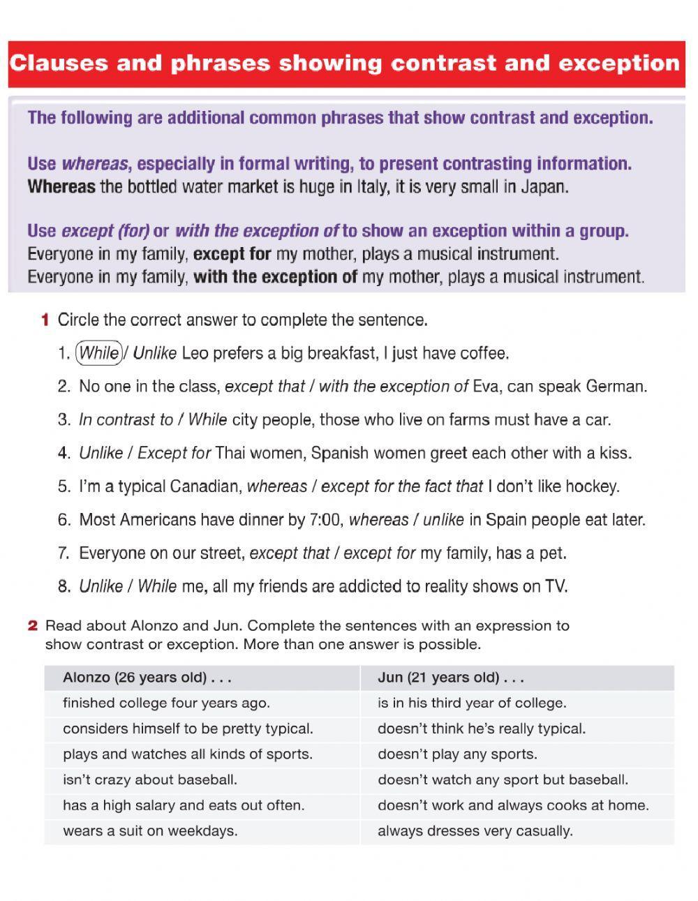 Clauses and Phrases Showing Contrast and Exception