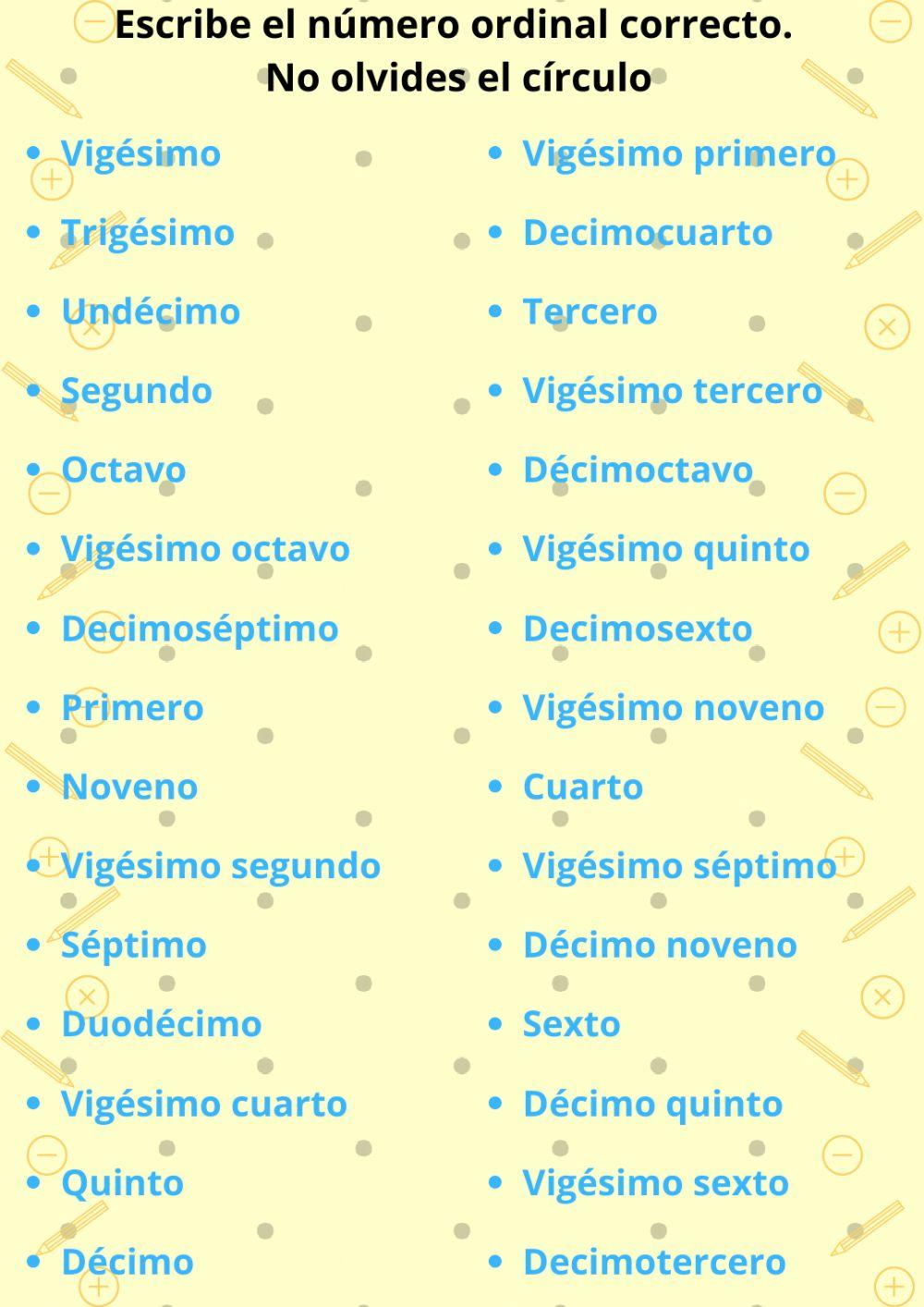 ESCRITURA NÚMEROS ORDINALES