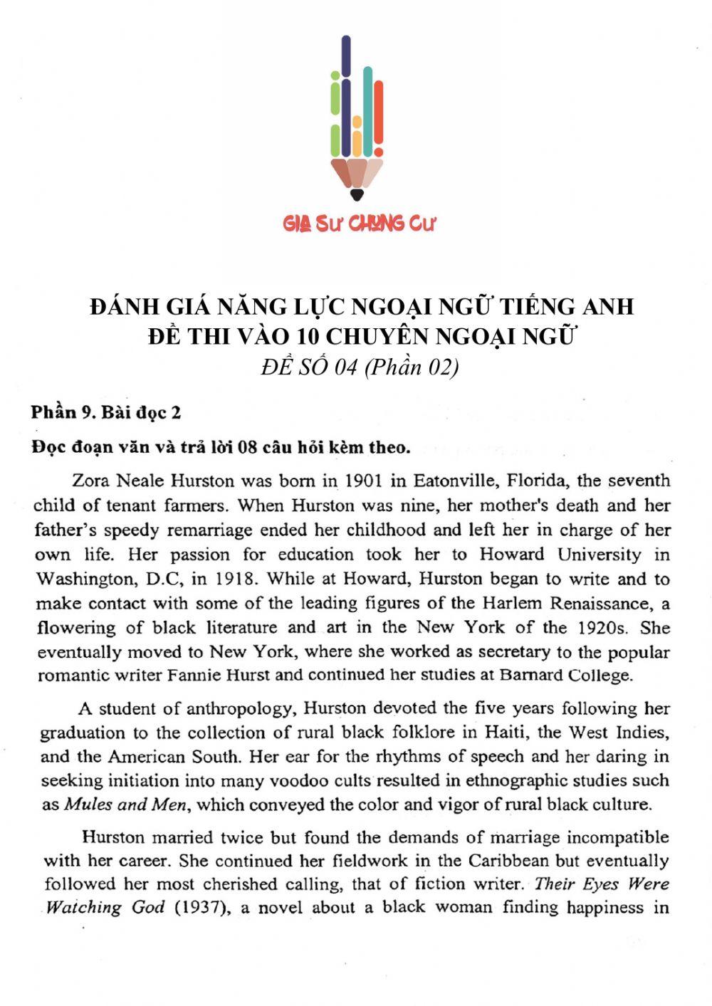 Đề thi đánh giá năng lực ngoại ngữ Tiếng Anh vào lớp 10 Chuyên ngoại ngữ - Số 4.2