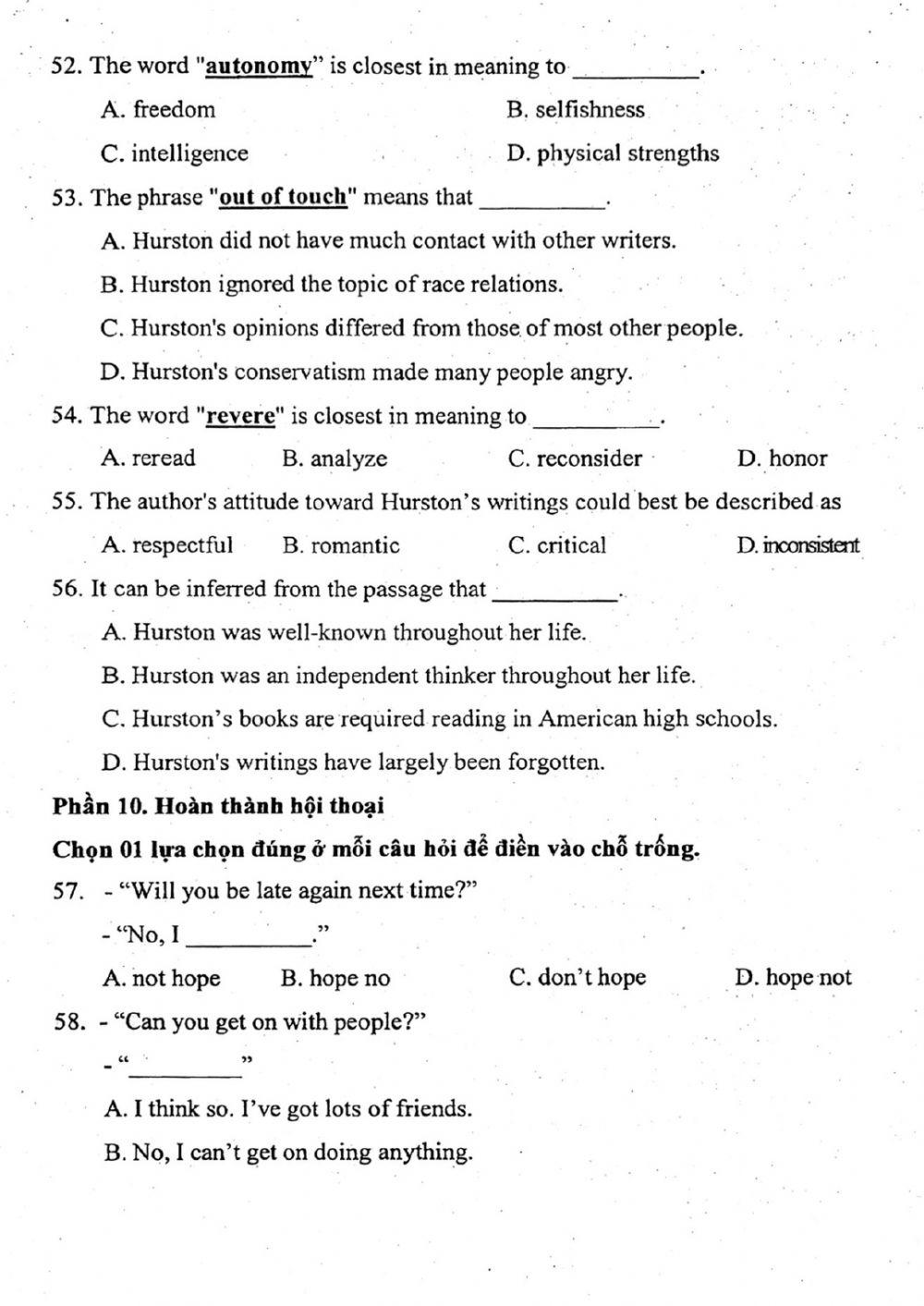 Đề thi đánh giá năng lực ngoại ngữ Tiếng Anh vào lớp 10 Chuyên ngoại ngữ - Số 4.2