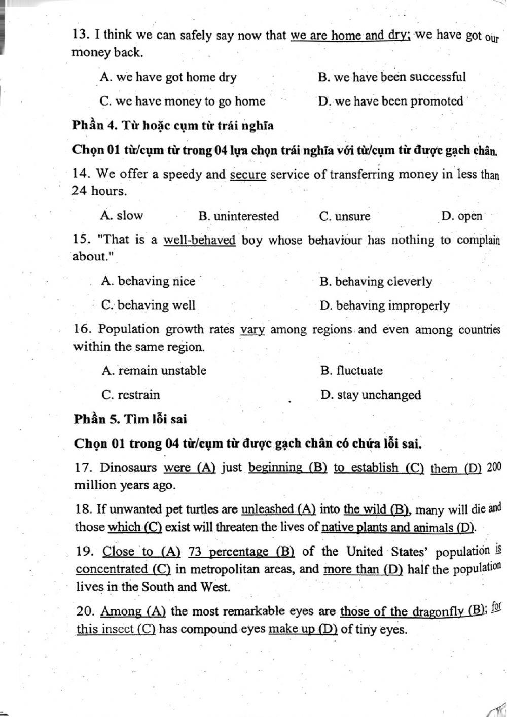 Đề thi đánh giá năng lực ngoại ngữ Tiếng Anh vào lớp 10 Chuyên ngoại ngữ - Số 5.1