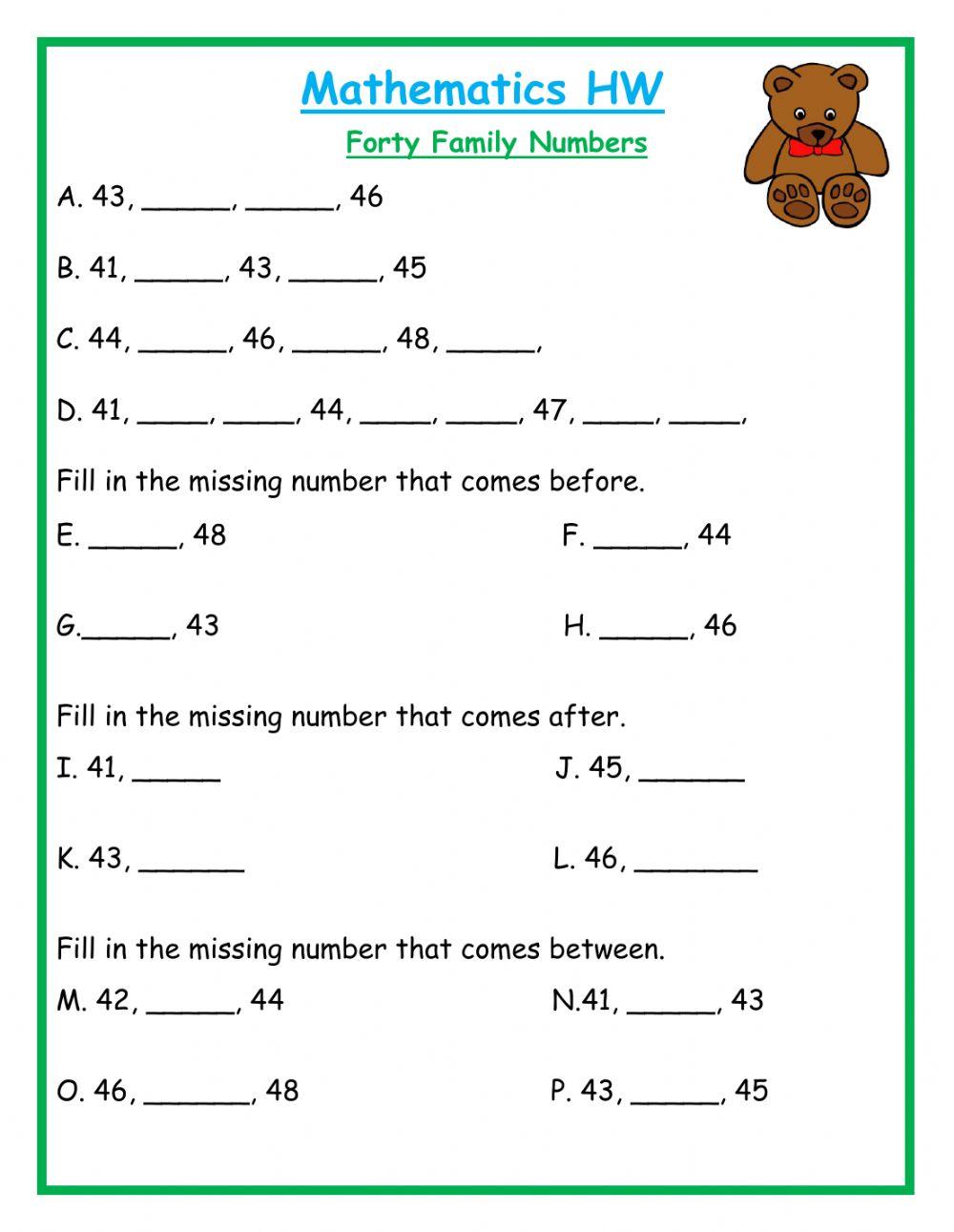 Fill in the missing number Forty Family HW