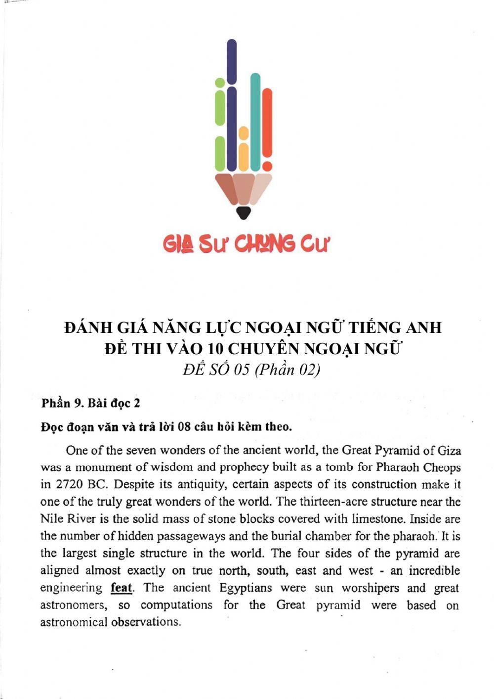 Đề thi đánh giá năng lực ngoại ngữ Tiếng Anh vào lớp 10 Chuyên ngoại ngữ - Số 5.2