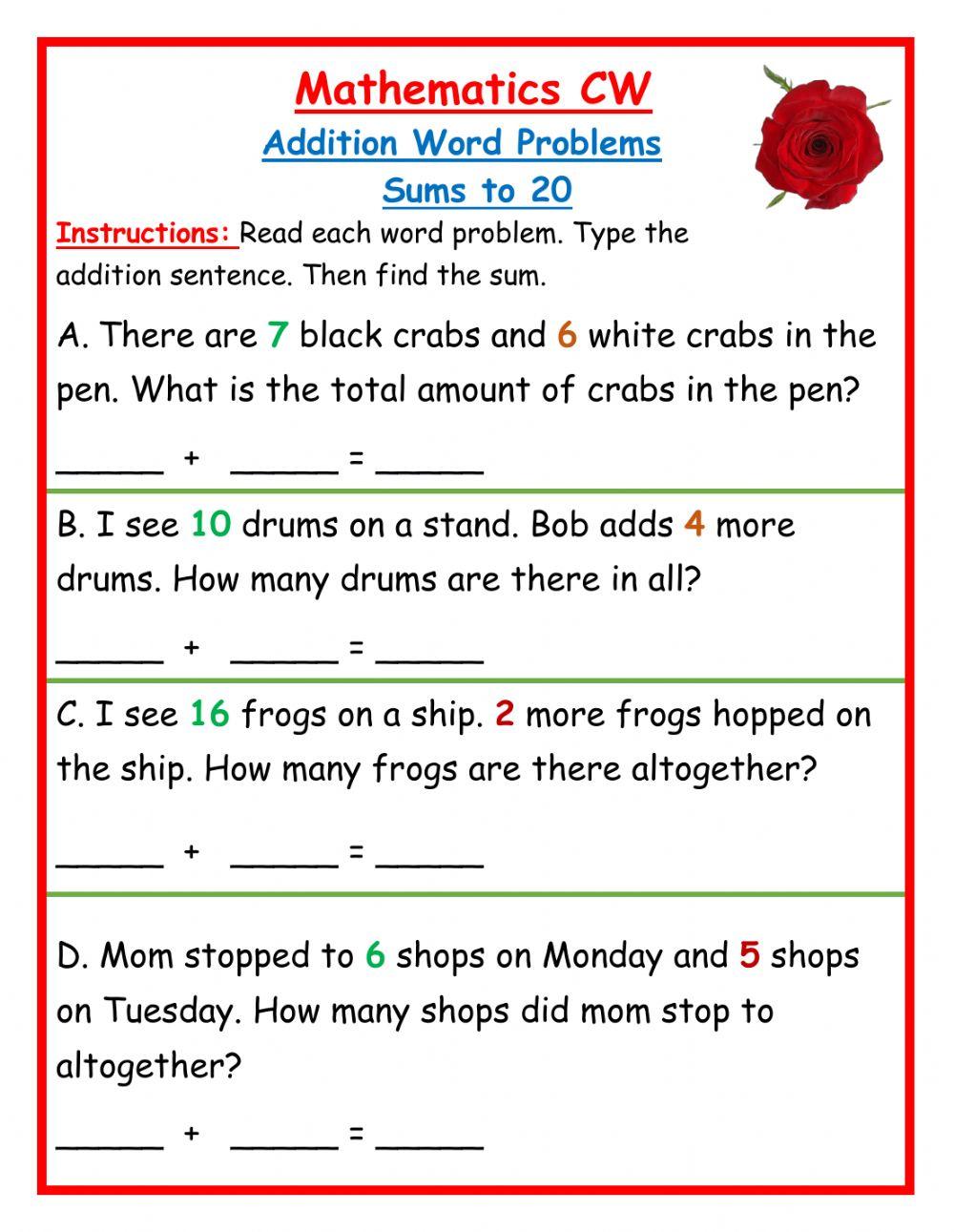 Addition Word Problems sums to 20 CW
