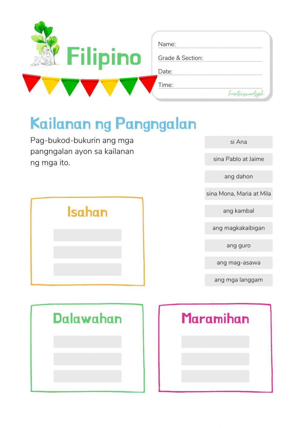 Kailanan ng Pangngalan (Filipino Worksheet for Grade 1)