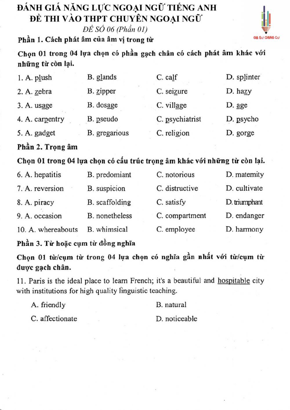 Đề thi đánh giá năng lực ngoại ngữ Tiếng Anh vào lớp 10 Chuyên ngoại ngữ - Số 6.1