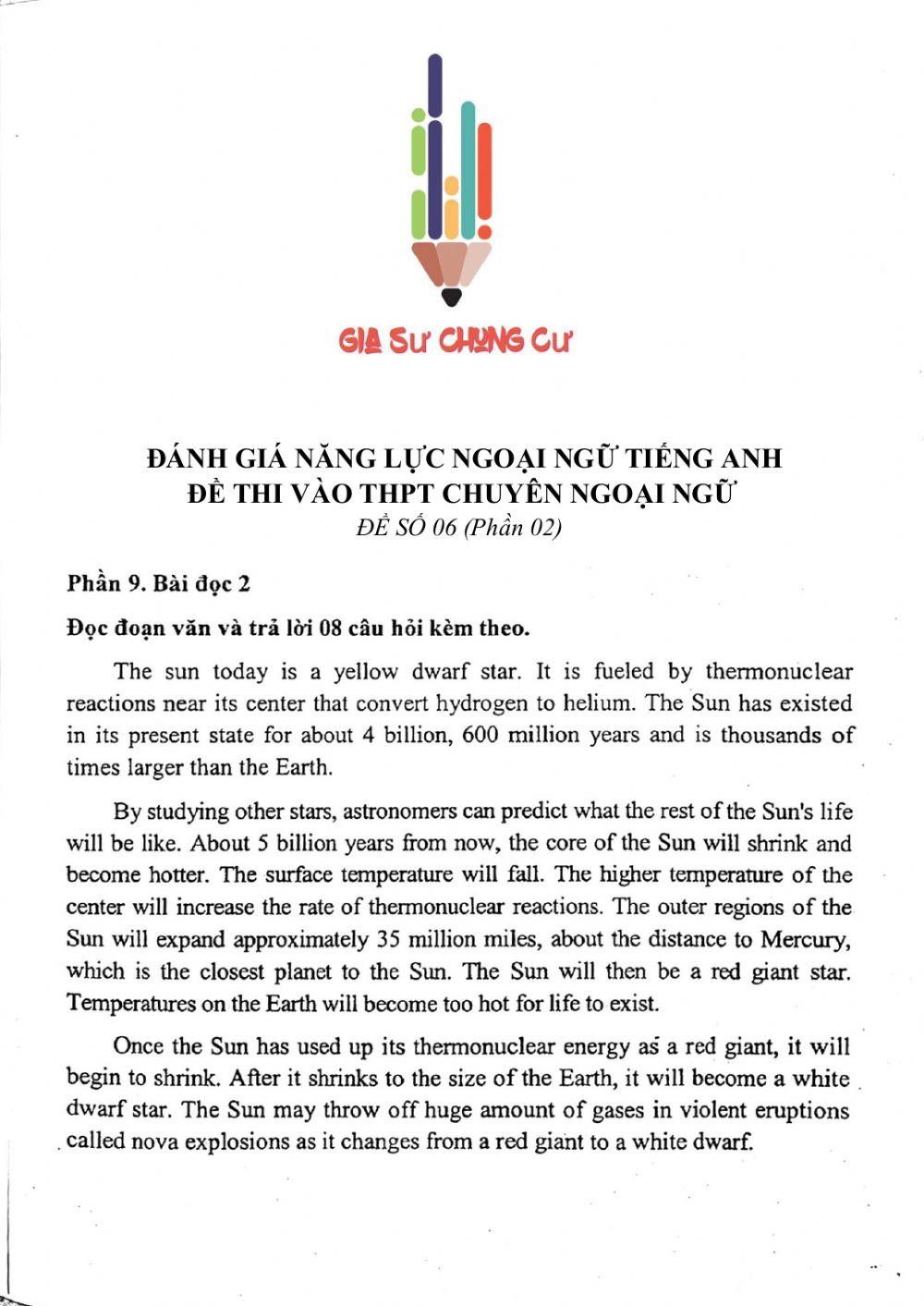 Đề thi đánh giá năng lực ngoại ngữ Tiếng Anh vào lớp 10 Chuyên ngoại ngữ - Số 6.2