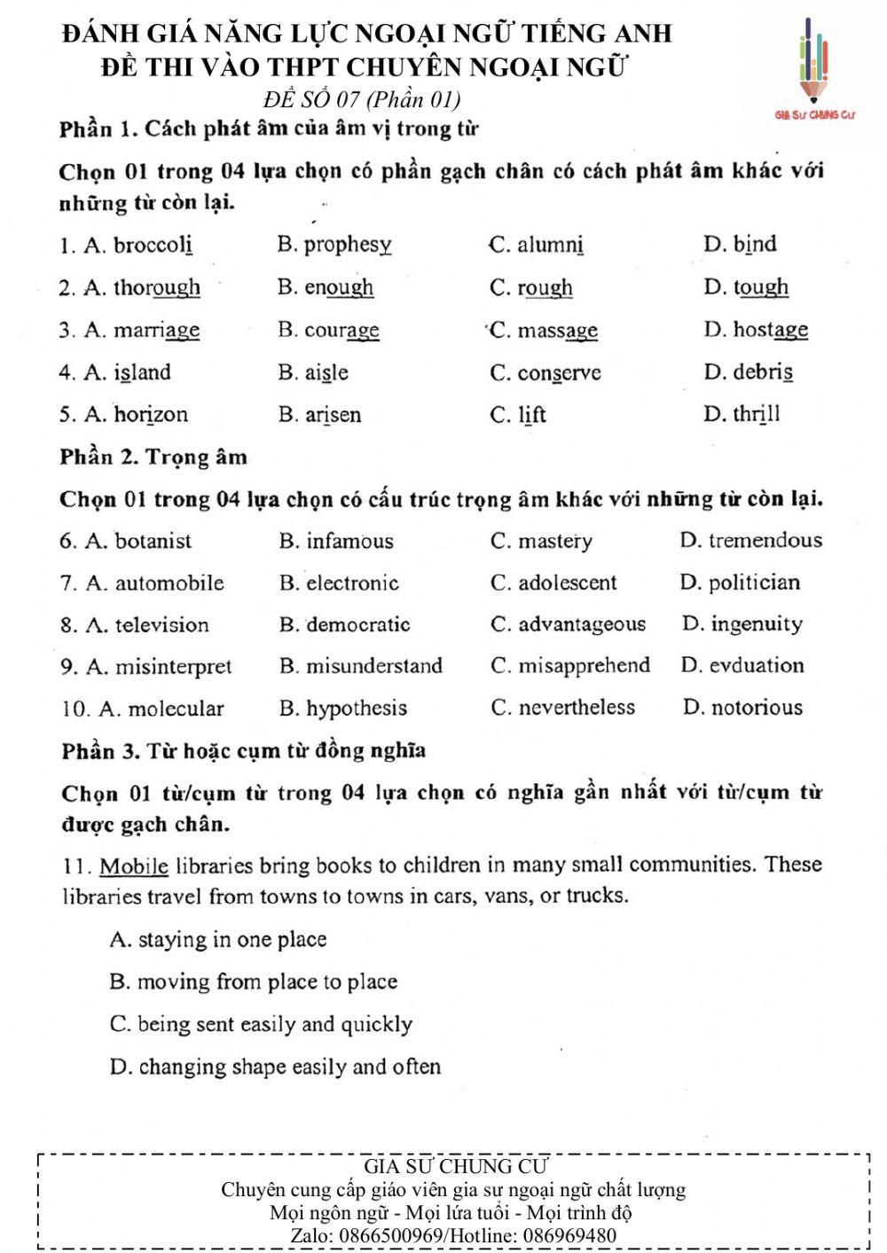 Đề thi đánh giá năng lực ngoại ngữ Tiếng Anh vào lớp 10 Chuyên ngoại ngữ - Số 7.1