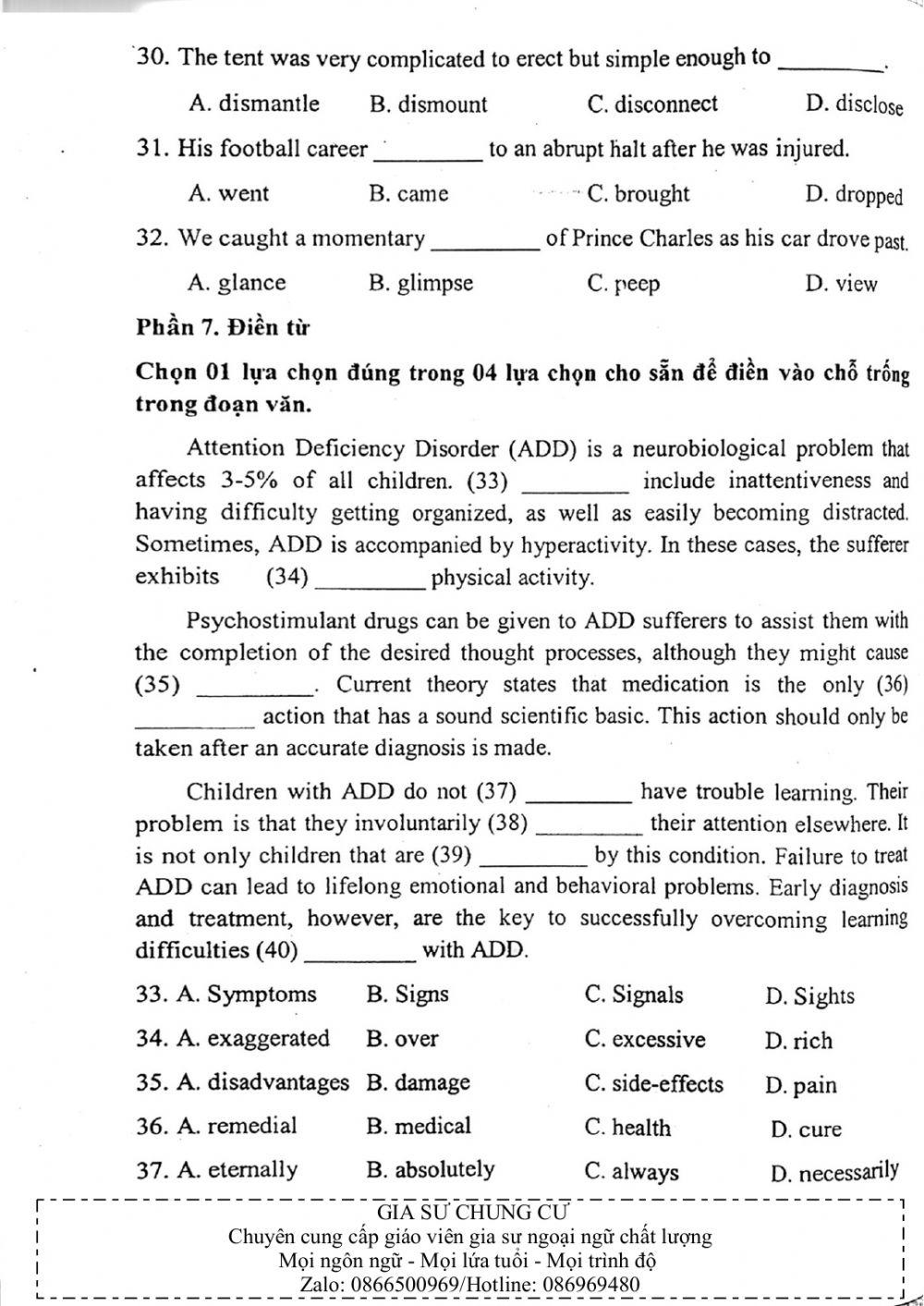 Đề thi đánh giá năng lực ngoại ngữ Tiếng Anh vào lớp 10 Chuyên ngoại ngữ - Số 7.1