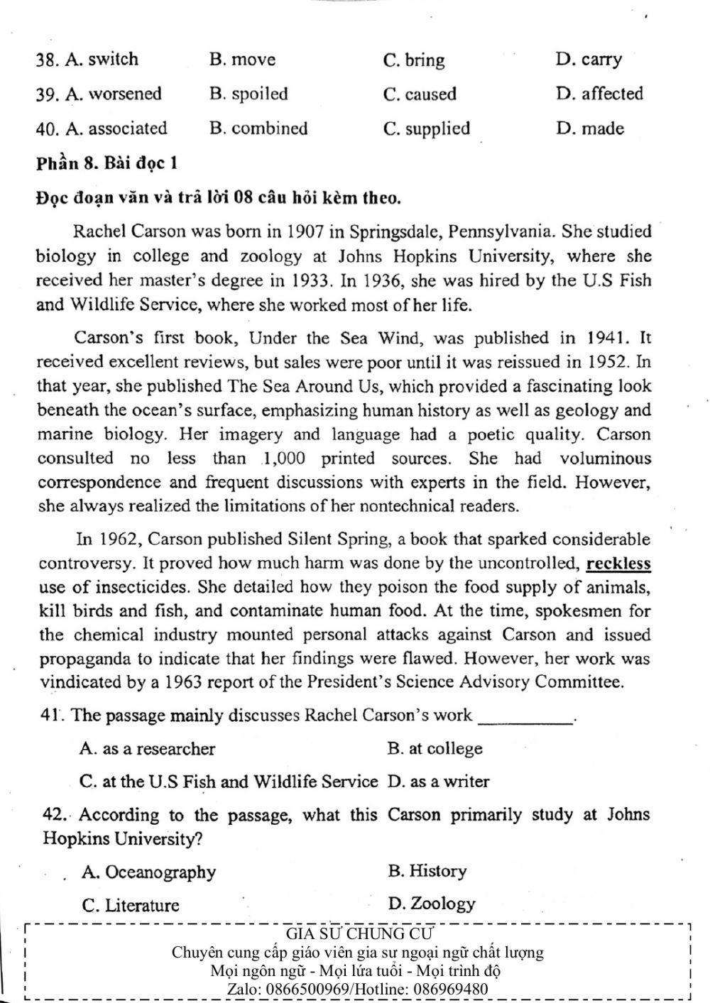 Đề thi đánh giá năng lực ngoại ngữ Tiếng Anh vào lớp 10 Chuyên ngoại ngữ - Số 7.1