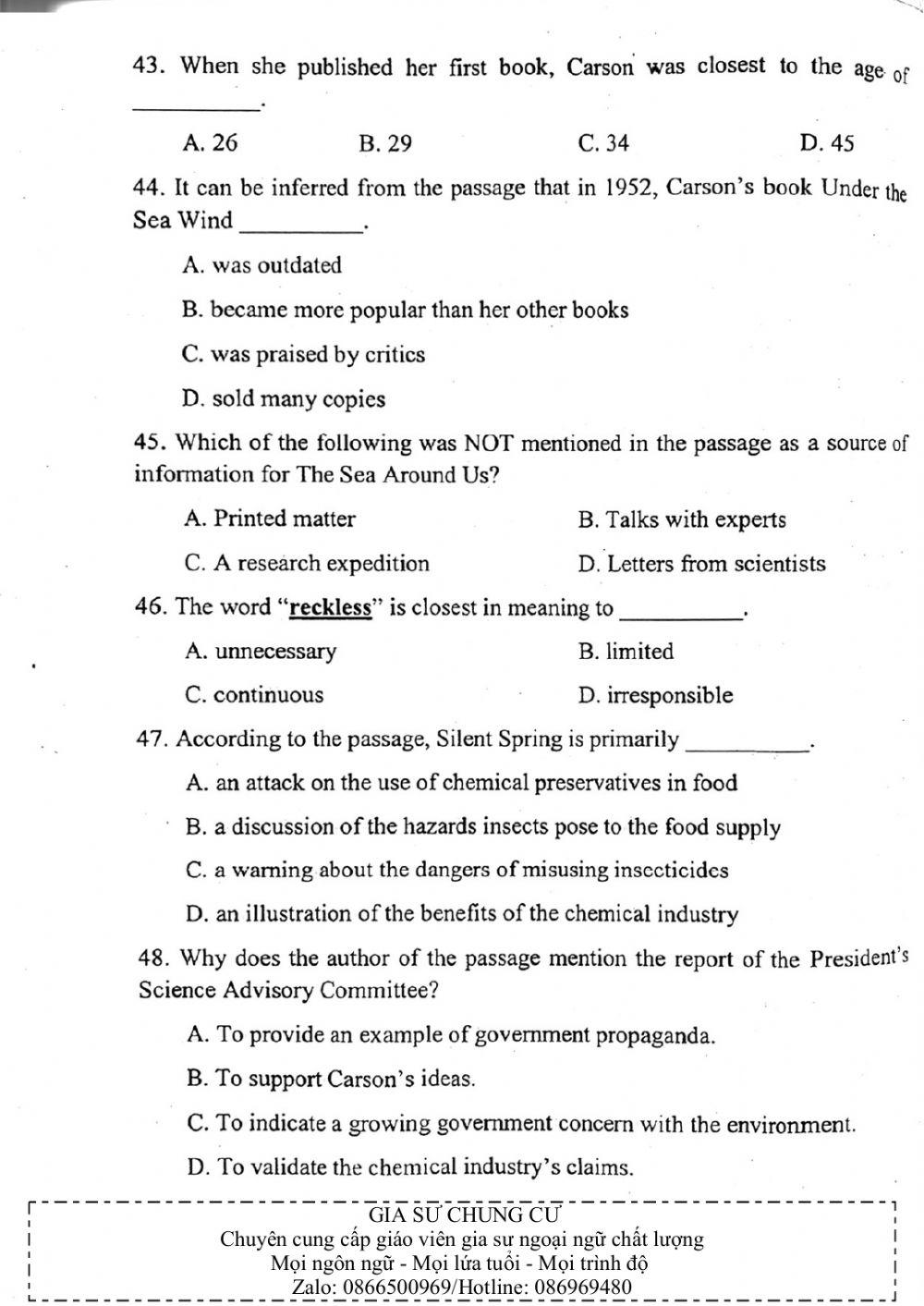 Đề thi đánh giá năng lực ngoại ngữ Tiếng Anh vào lớp 10 Chuyên ngoại ngữ - Số 7.1