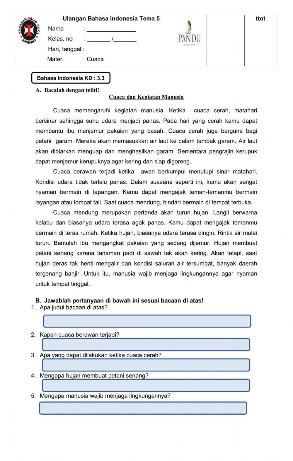 Ulangan Bahasa Indonesia tema 5