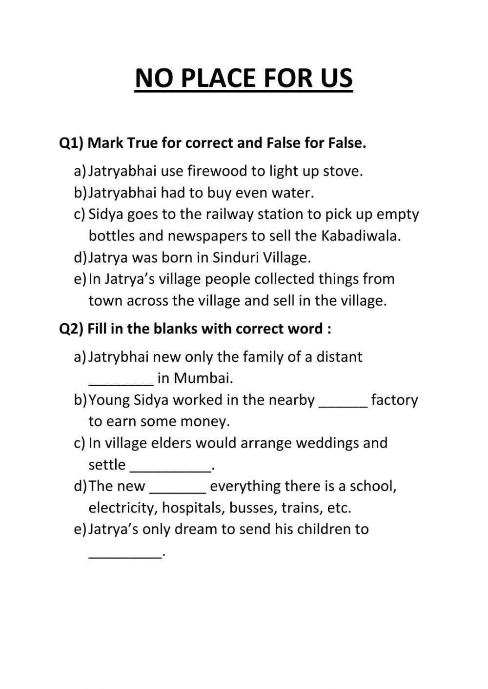 No place for us - worksheet