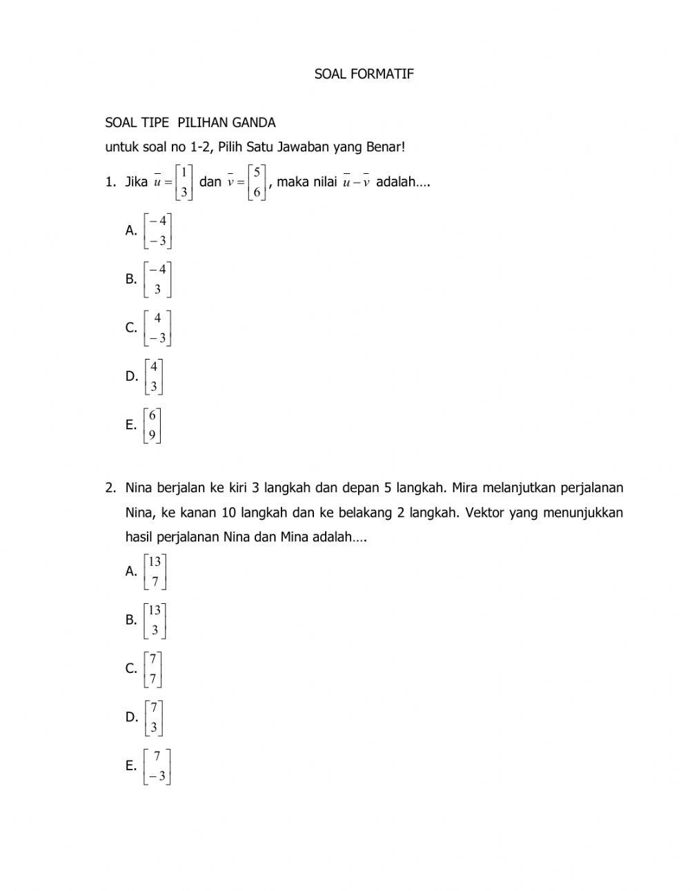 LKPD Penjumlahan dan Pengurangan Vektor