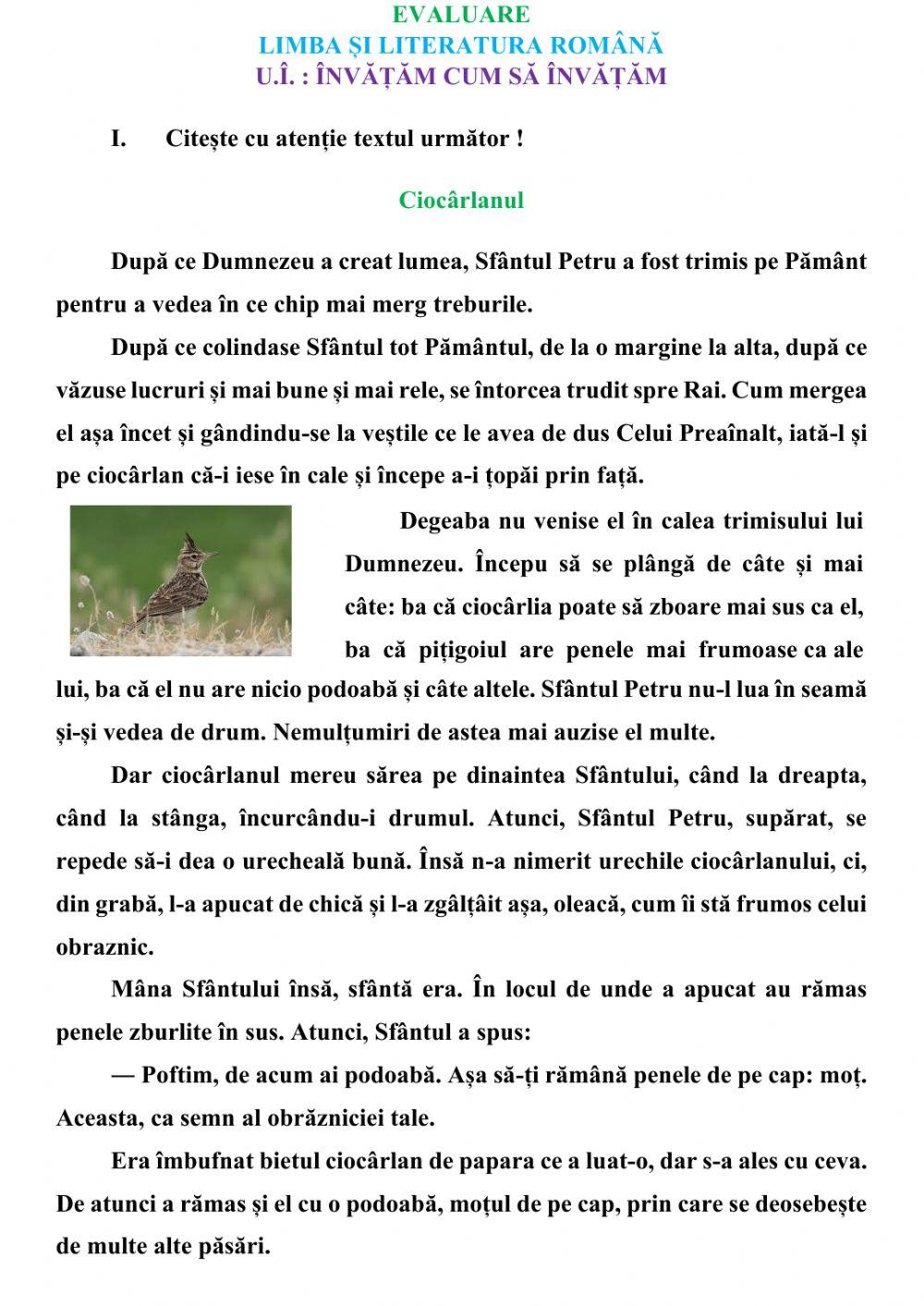 Evaluare: Legenda. Textul informativ