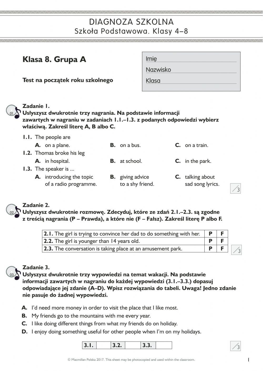 Test semestralny-j.ang. kl.8