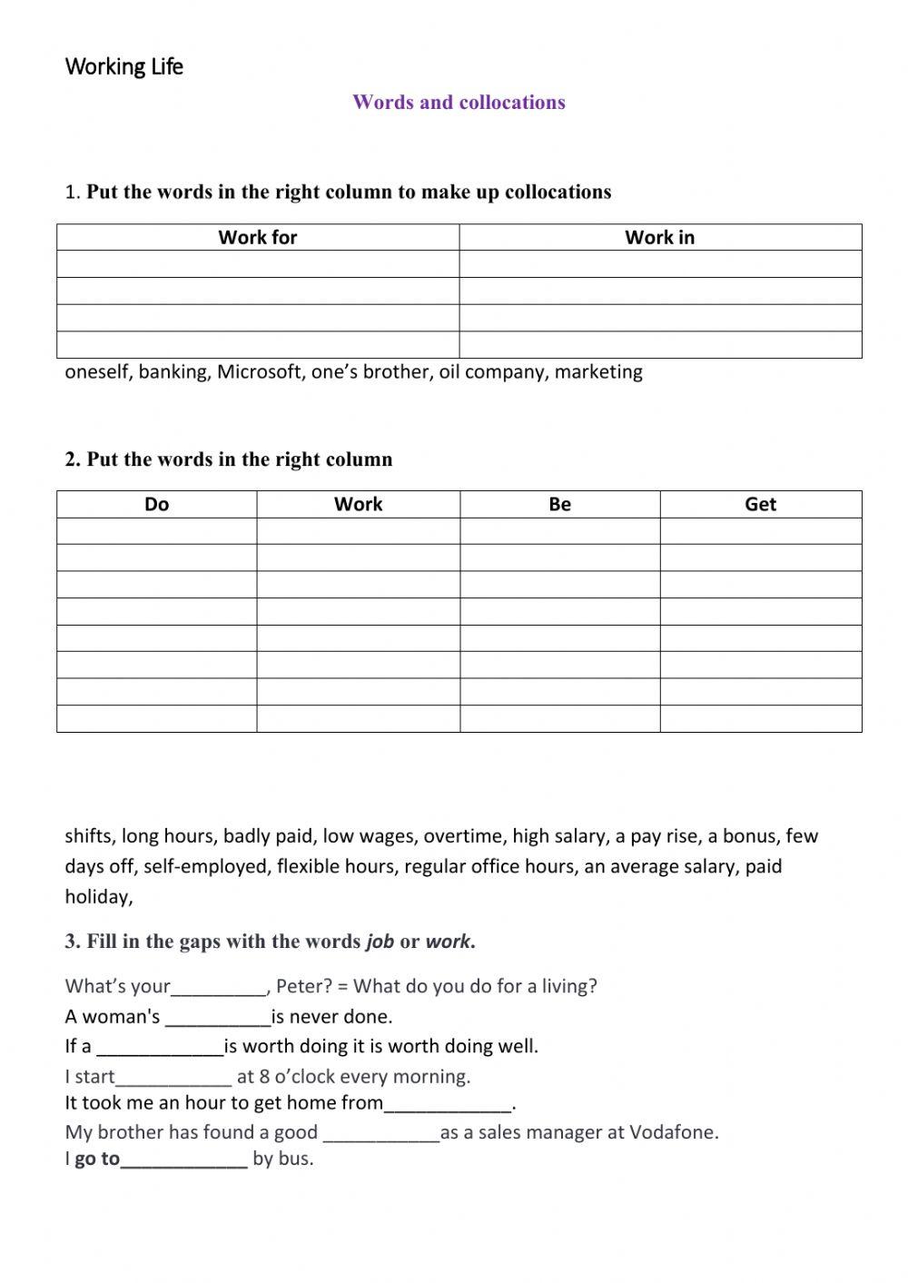 Working Life.  Word collocations, Phrasal verbs