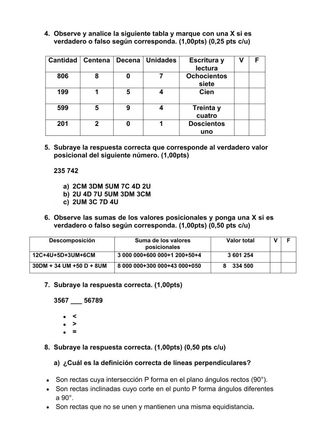 Evaluación i unidad 5to. básica (matemáticas)