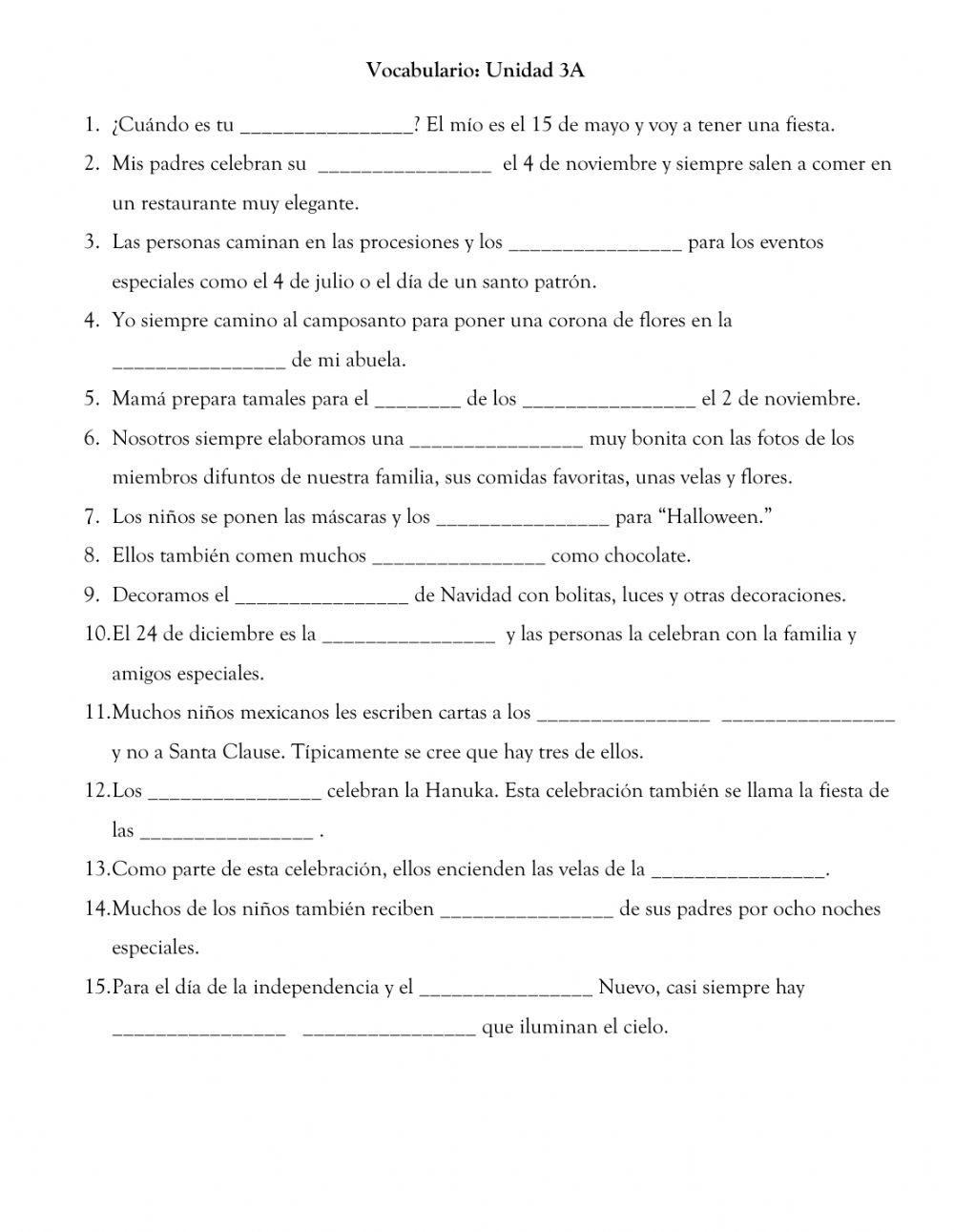 Vocabulario: Unidad 3A