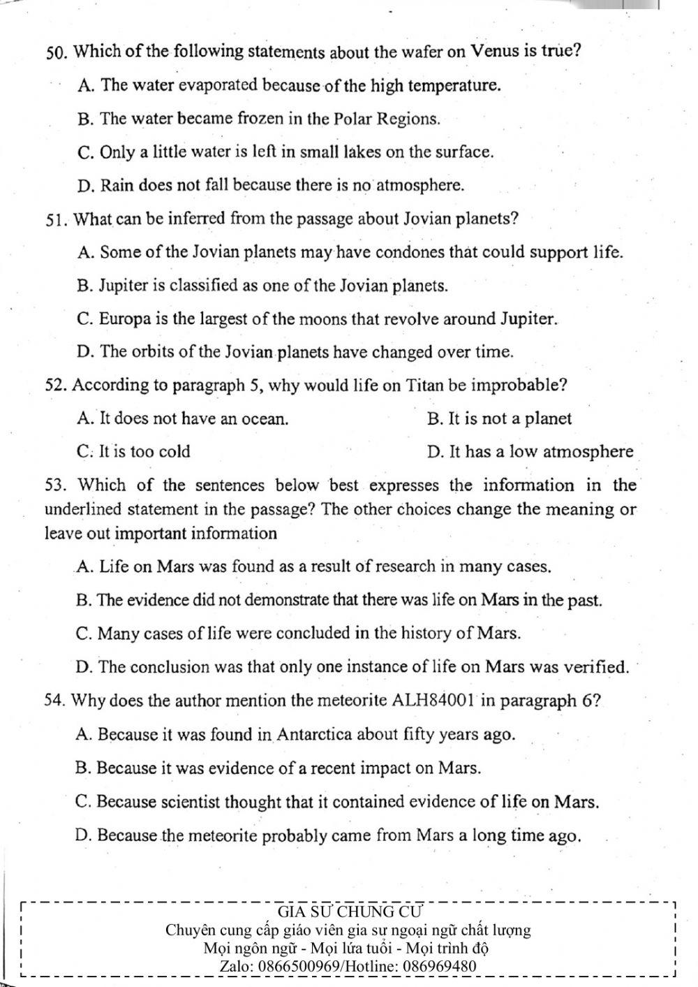 Đề thi đánh giá năng lực ngoại ngữ Tiếng Anh vào lớp 10 Chuyên ngoại ngữ - Số 7.2