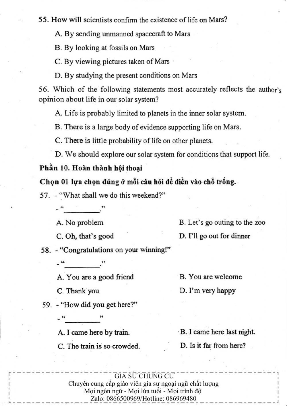 Đề thi đánh giá năng lực ngoại ngữ Tiếng Anh vào lớp 10 Chuyên ngoại ngữ - Số 7.2
