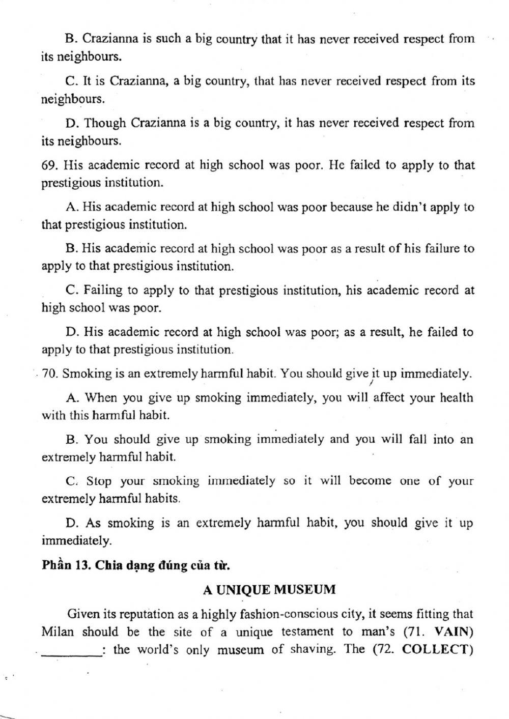 Đề thi đánh giá năng lực ngoại ngữ Tiếng Anh vào lớp 10 Chuyên ngoại ngữ - Số 7.2