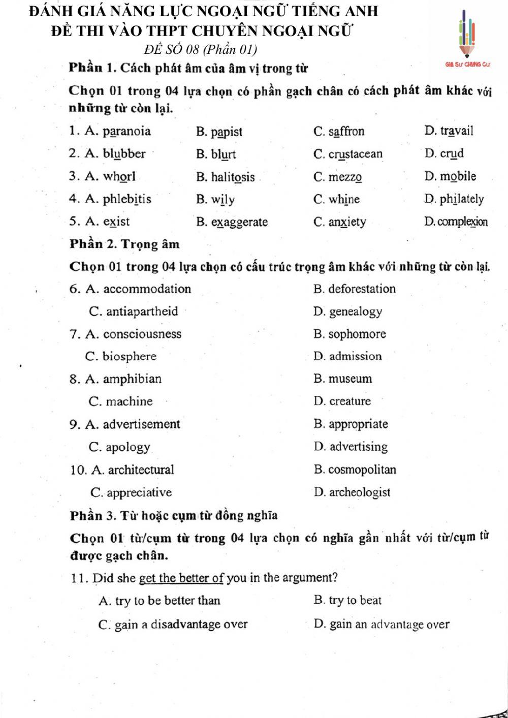 Đề thi đánh giá năng lực ngoại ngữ Tiếng Anh vào lớp 10 Chuyên ngoại ngữ - Số 8.1