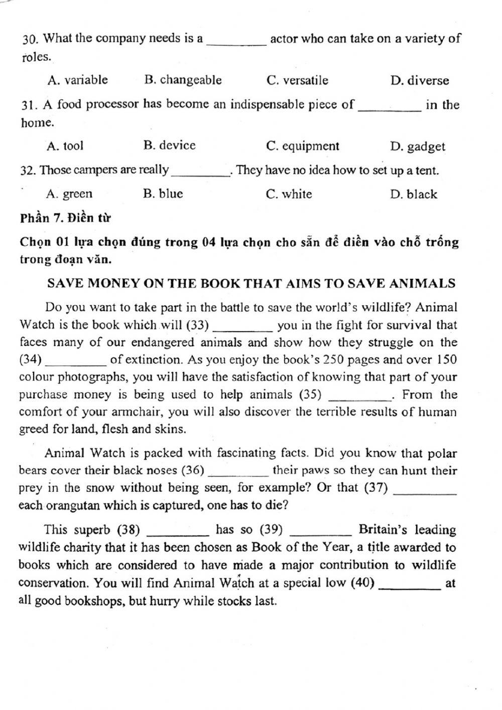 Đề thi đánh giá năng lực ngoại ngữ Tiếng Anh vào lớp 10 Chuyên ngoại ngữ - Số 8.1