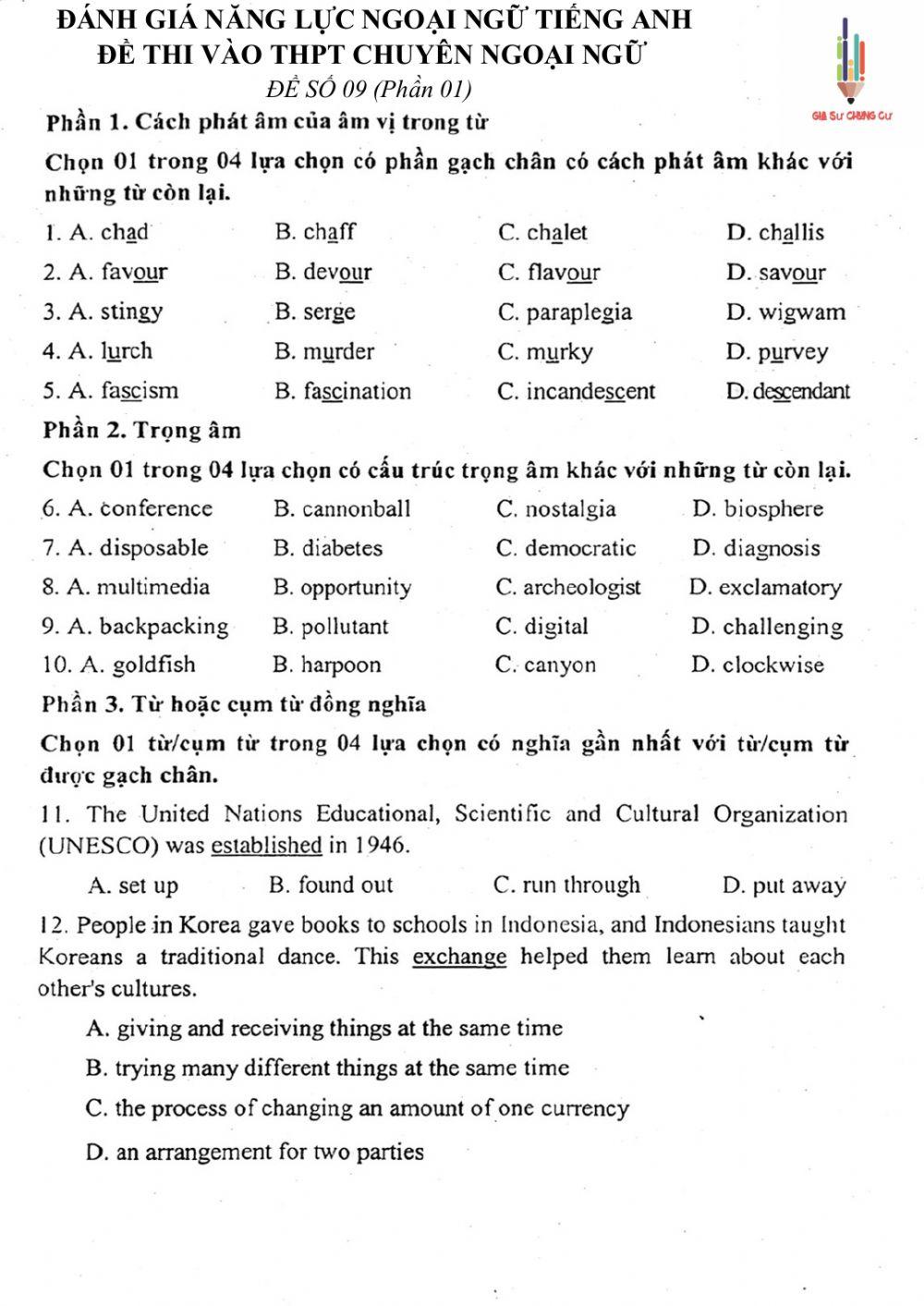 Đề thi đánh giá năng lực ngoại ngữ Tiếng Anh vào lớp 10 Chuyên ngoại ngữ - Số 9.1