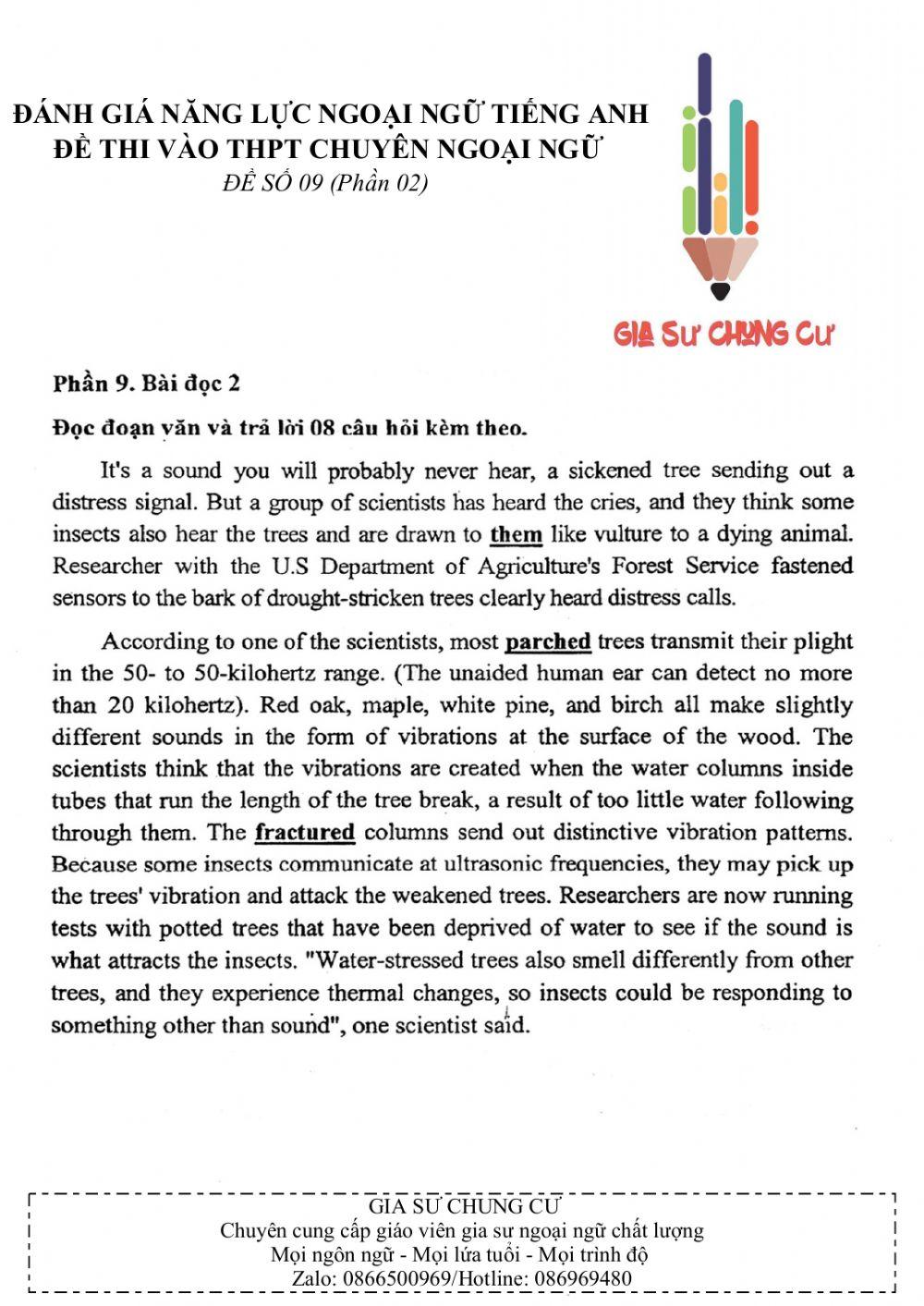 Đề thi đánh giá năng lực ngoại ngữ Tiếng Anh vào lớp 10 Chuyên ngoại ngữ - Số 9.12