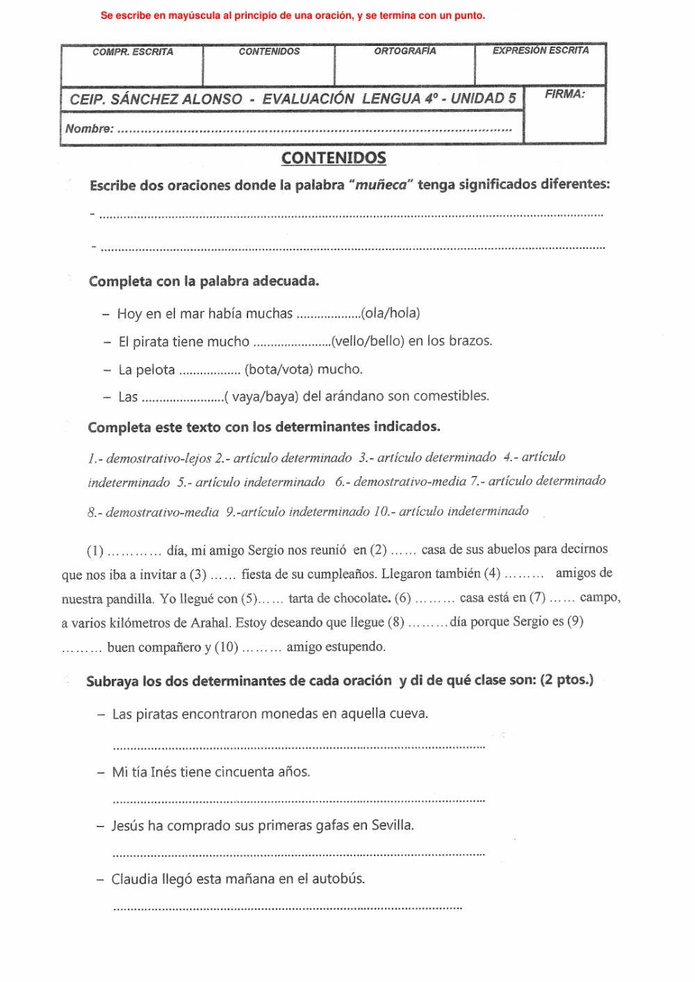 Examen tema 5 lengua 4º de primaria
