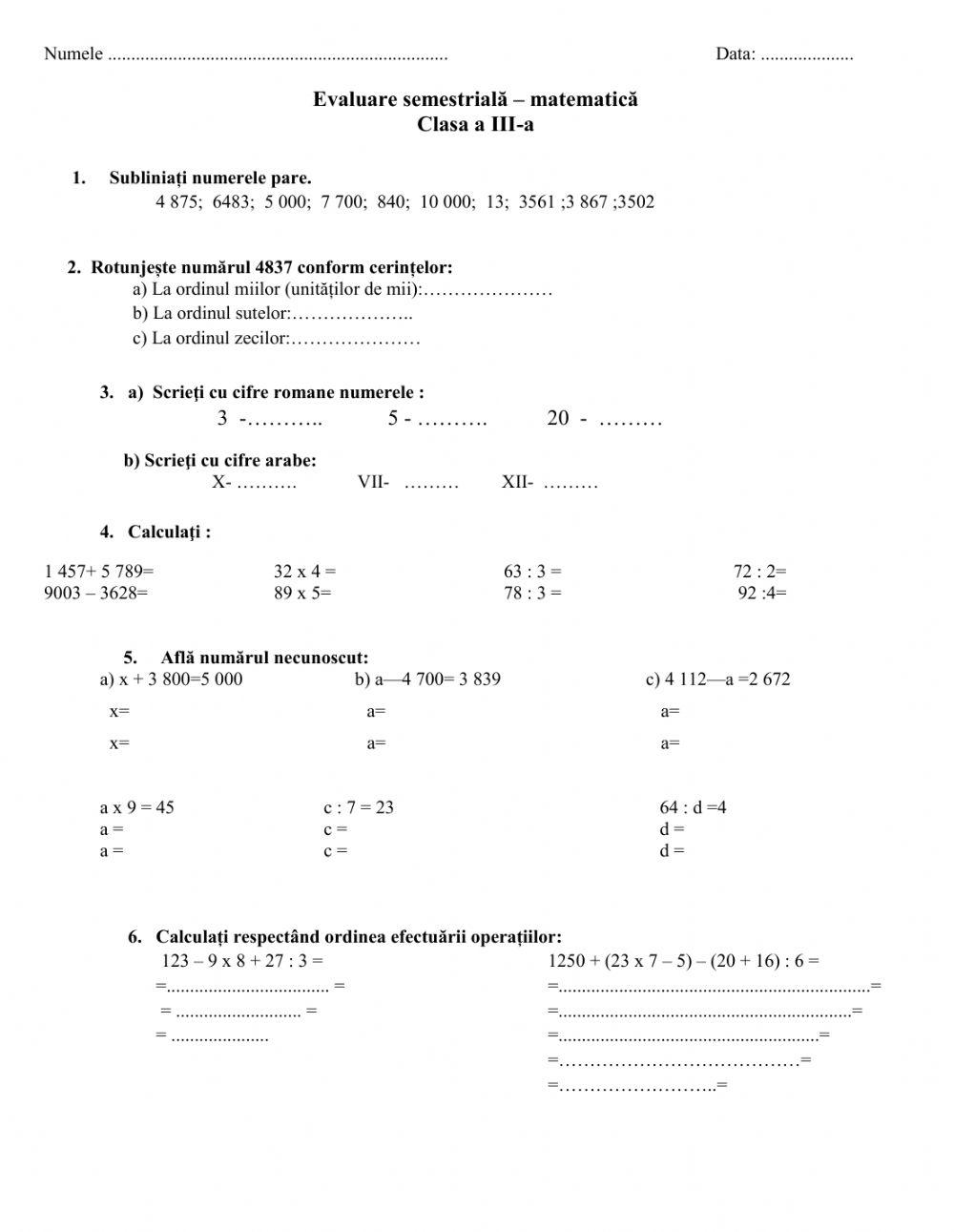 Evaluare semestriala mateamatica III