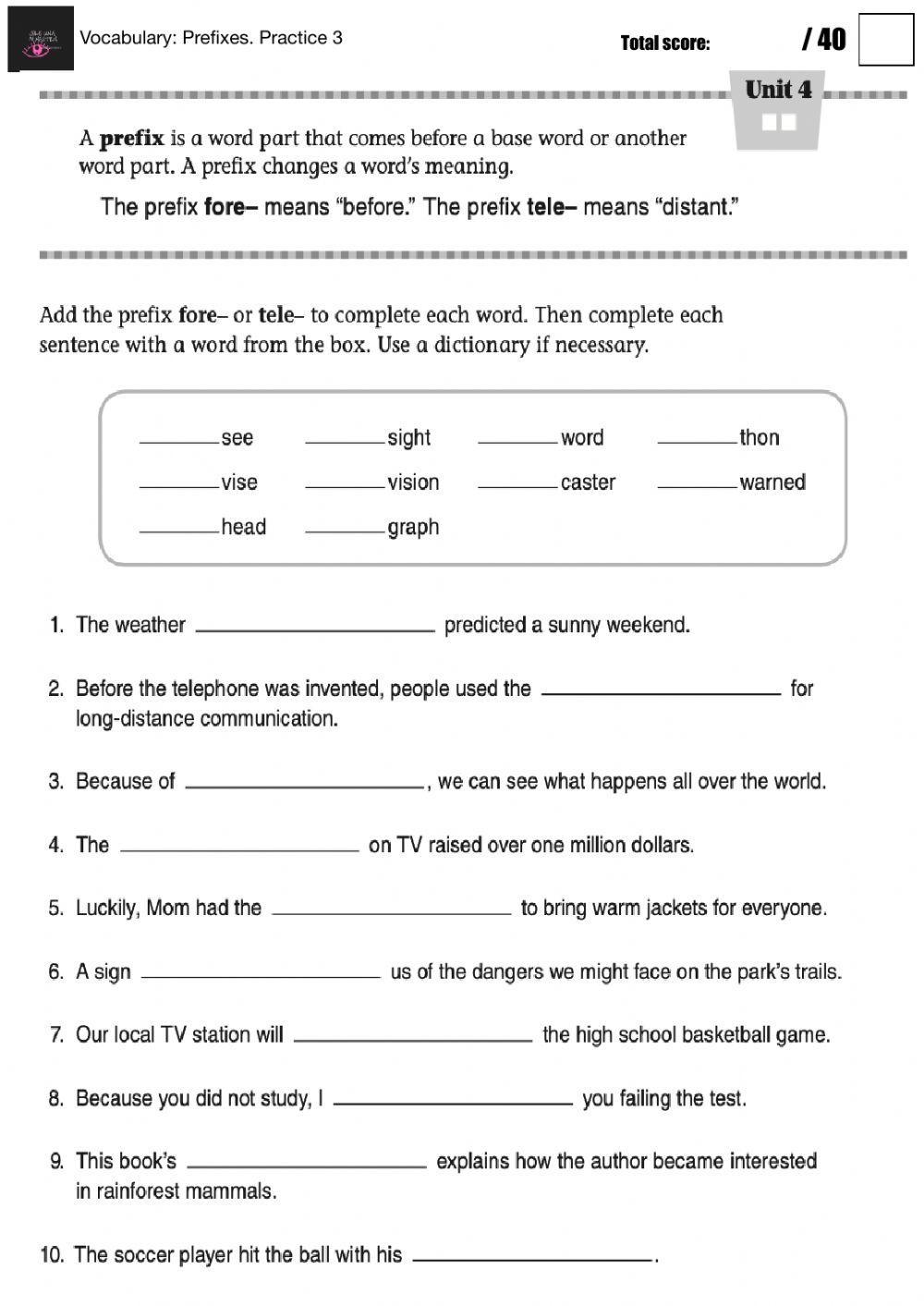Vocabulary- Prefixes. Practice 3
