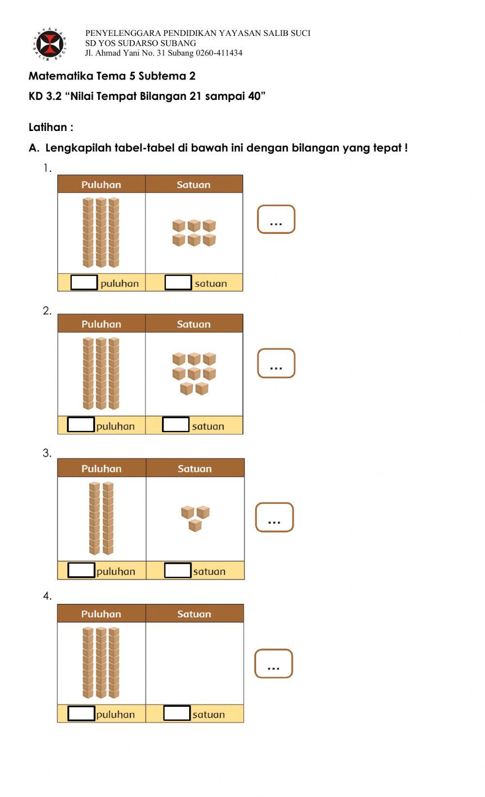 Latihan Matematika-Nilai Tempat Bilangan 21 sampai 40