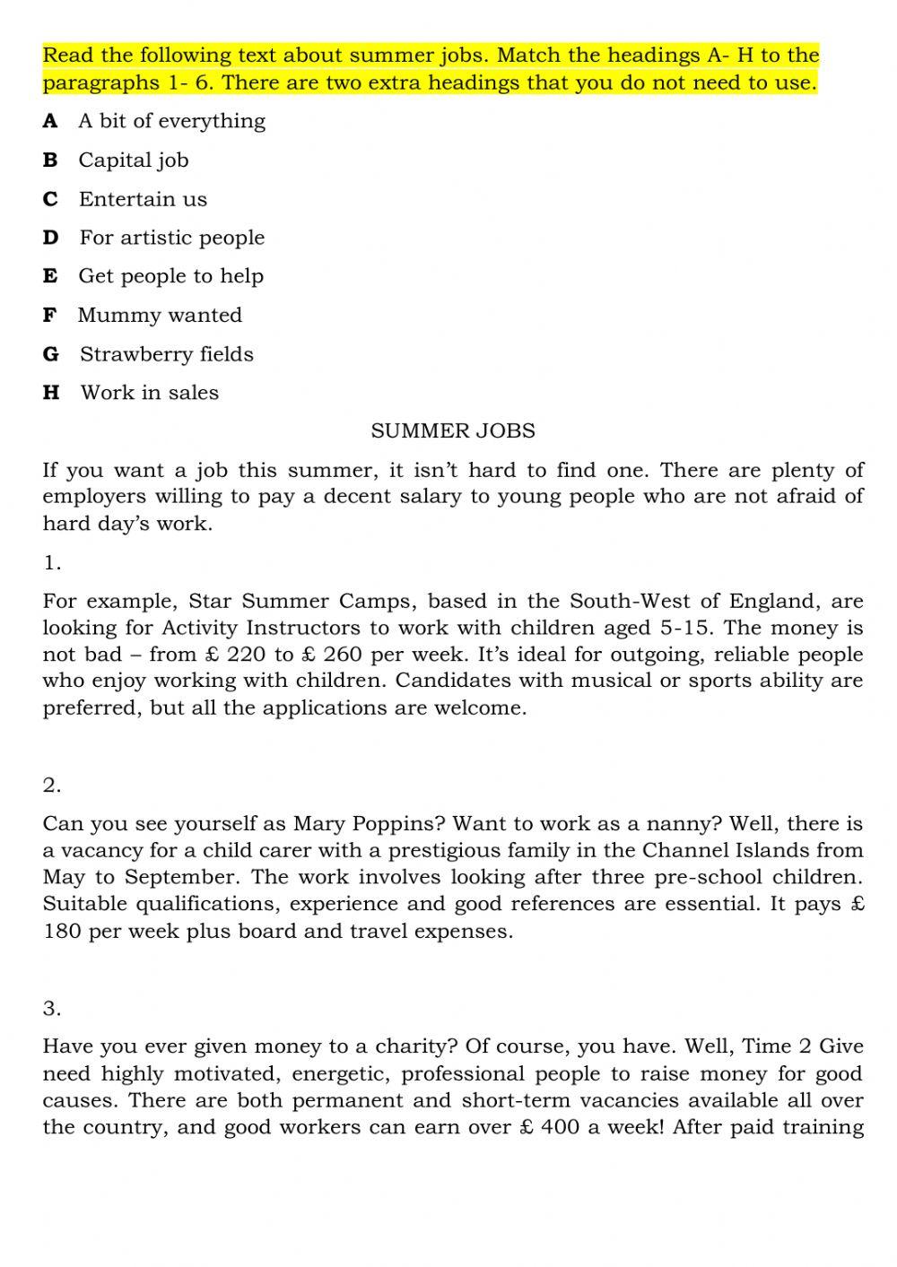 Reading - Summer Jobs