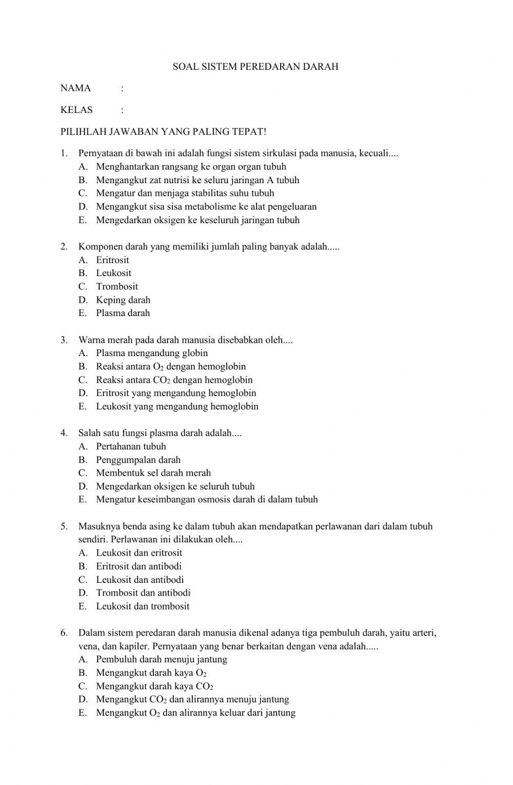 SOAL ULANGAN SISTEM PEREDARAN DARAH