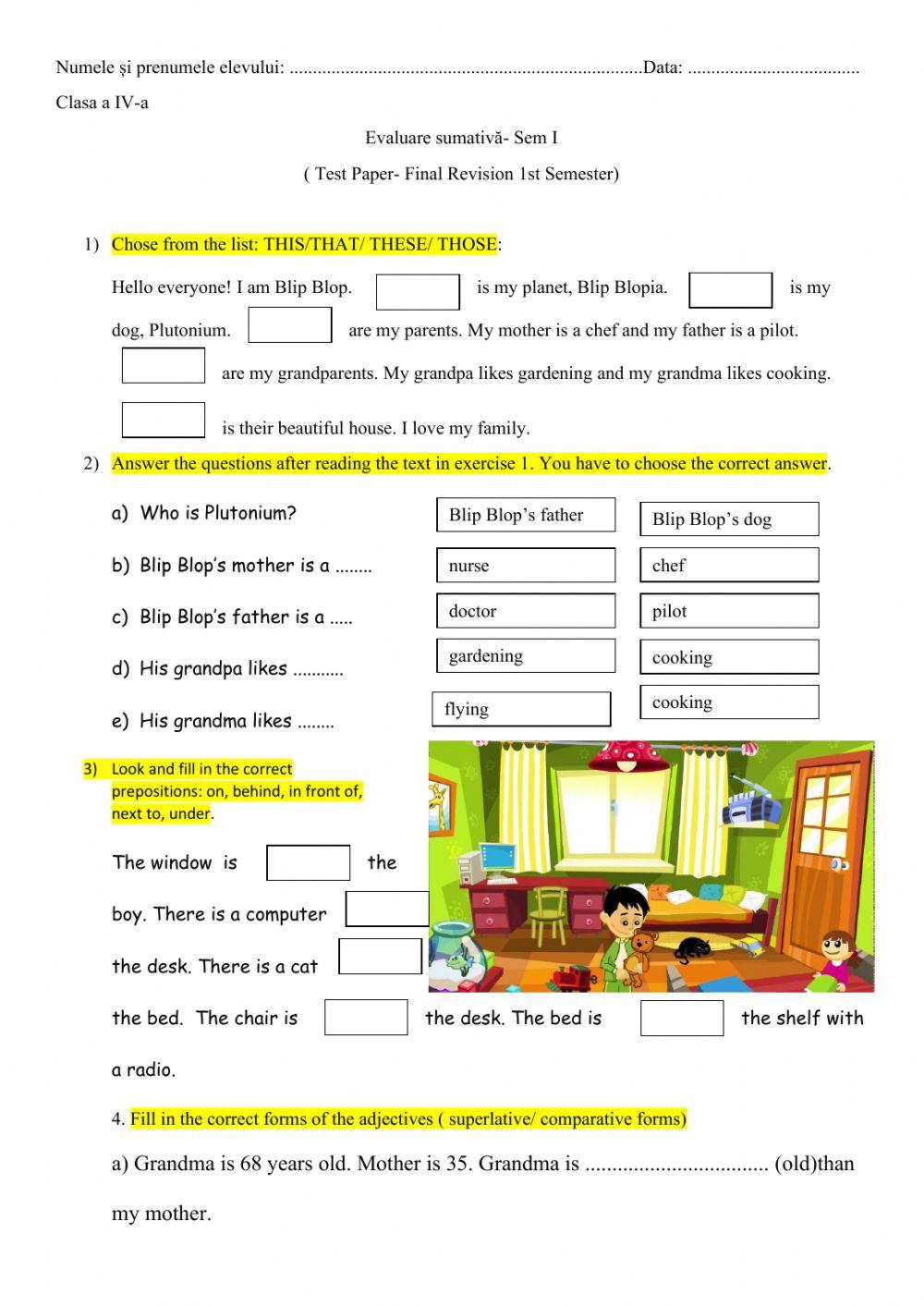 Evaluare sumativă sem I- Test final of the 1st semester