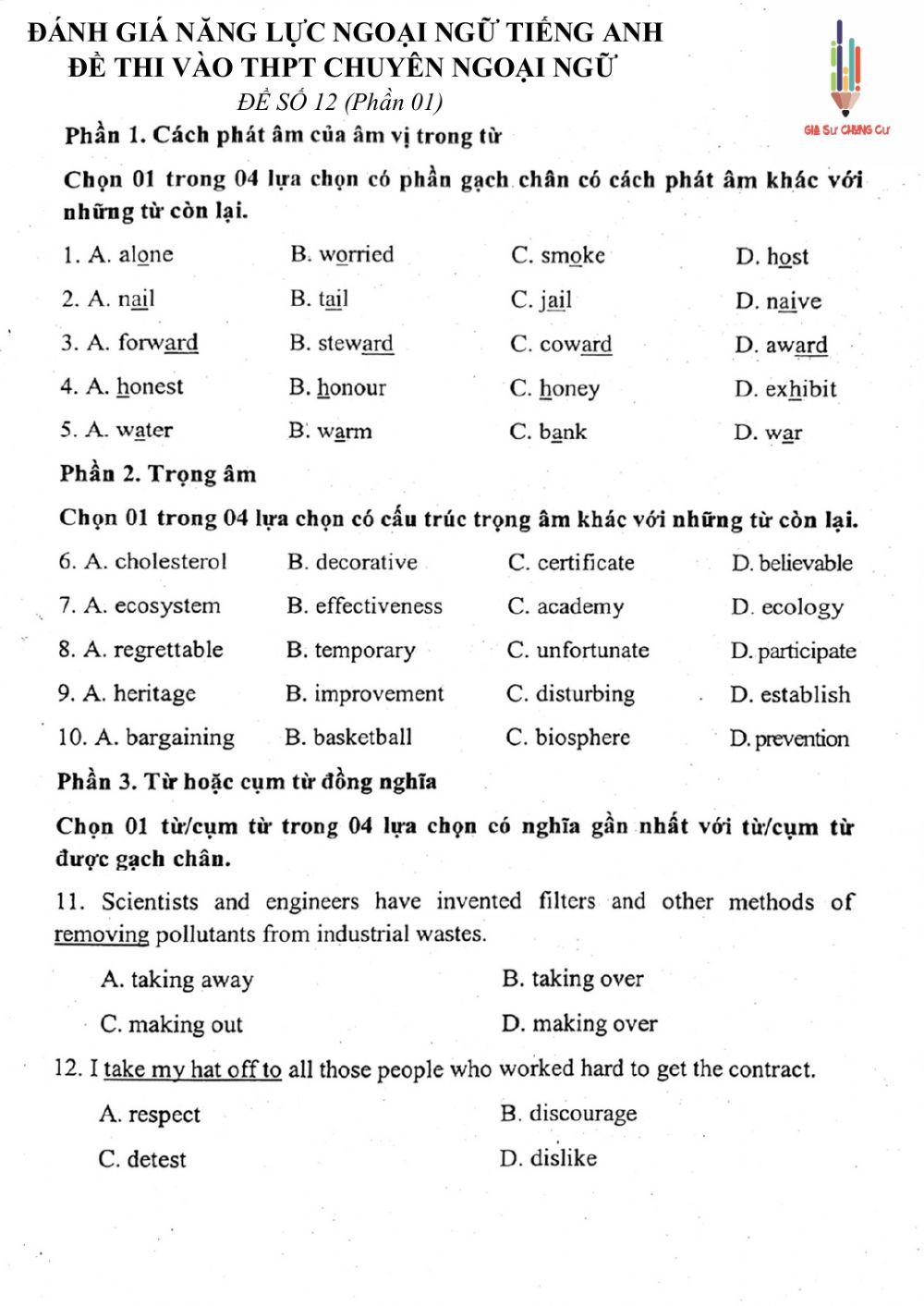 Đánh giá năng lực ngoại ngữ thi vào 10 Chuyên ngoại ngữ - Đề số 12.1