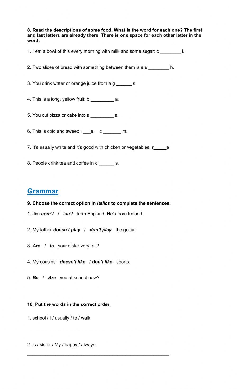 A2 KEY GRAMMAR AND VOCABULARY EXAM