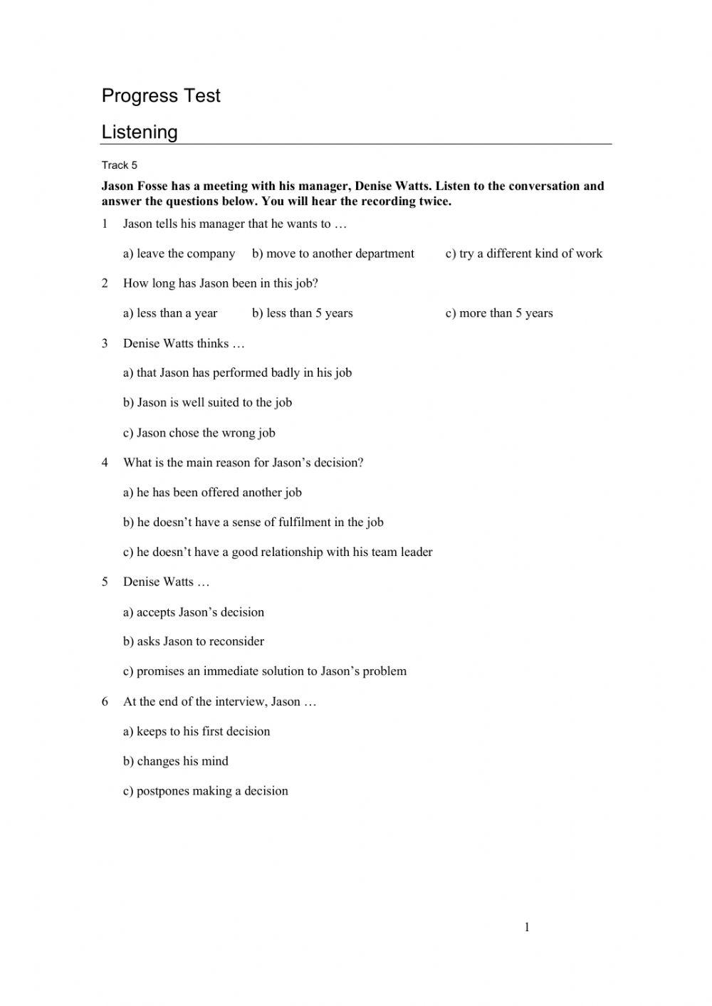 Market Leader Upper Intermediate Progress Test 1 Worksheet | Live.