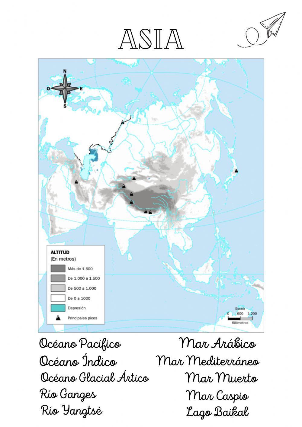Asia. Mapa mudo fisico agua