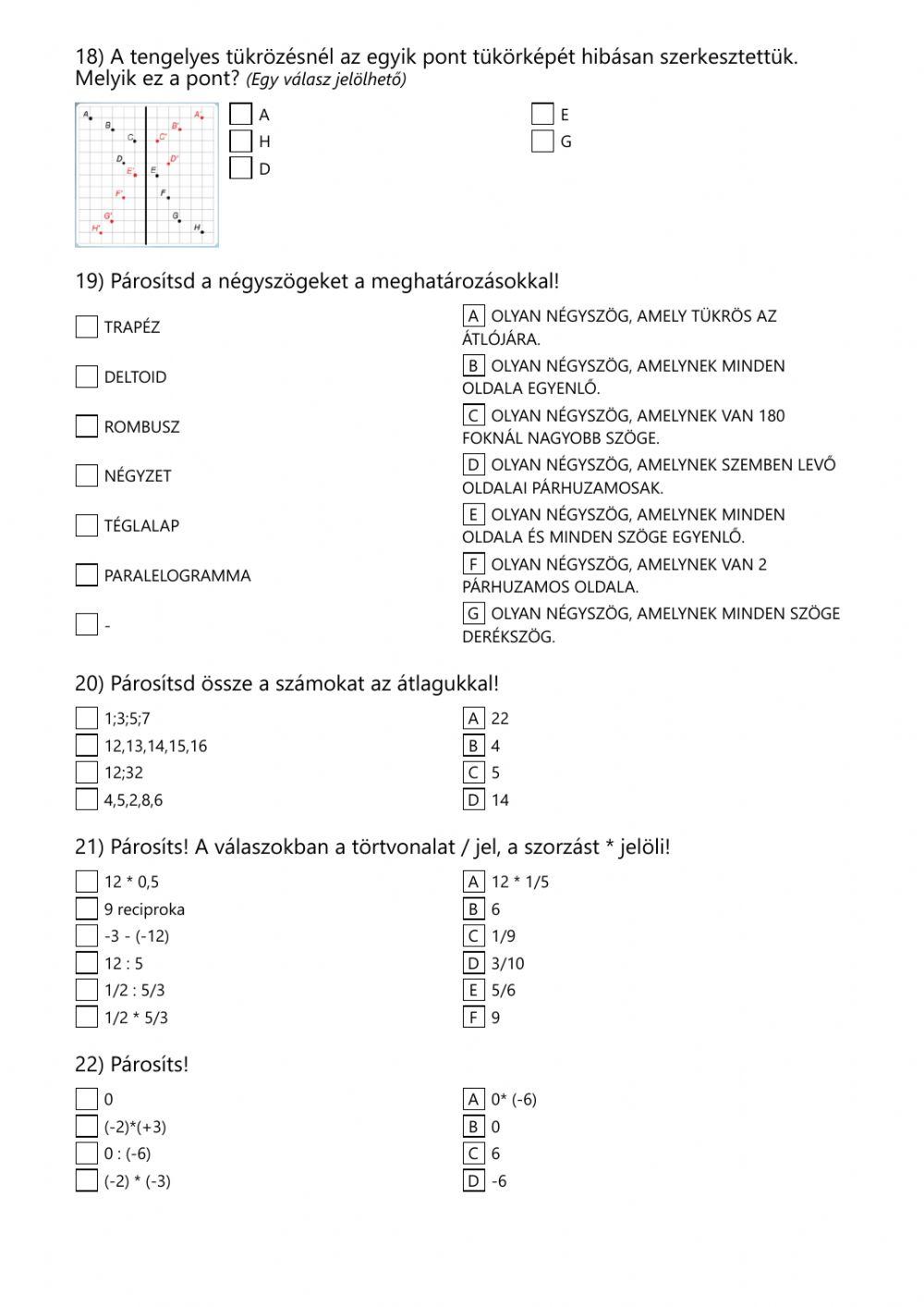 MATEMATIKA ÉV ELEJI FELMÉRÉS