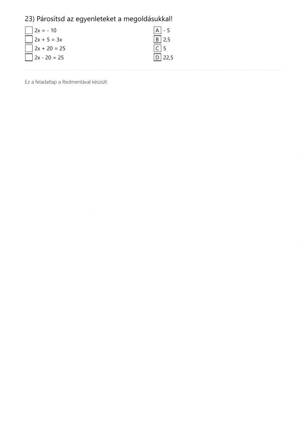 MATEMATIKA ÉV ELEJI FELMÉRÉS