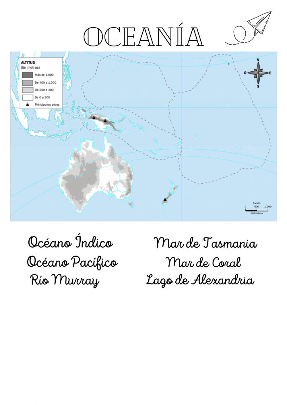Oceania. Mapa mudo fisico aguas
